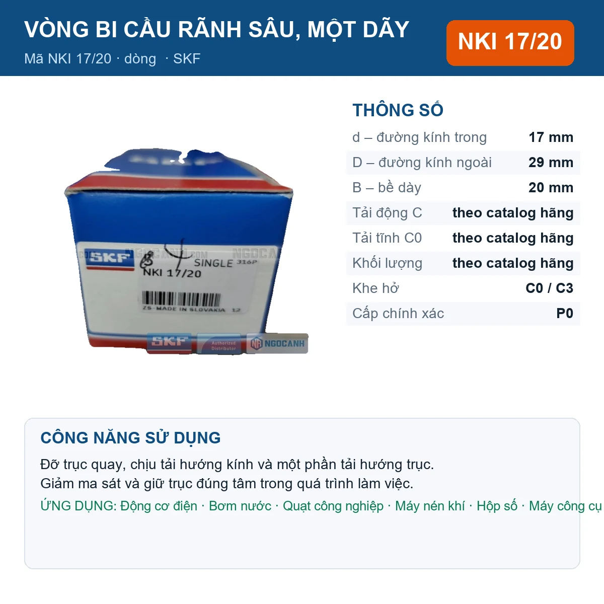 Vòng bi SKF NKI 17/20 — kích thước 17x29x20mm