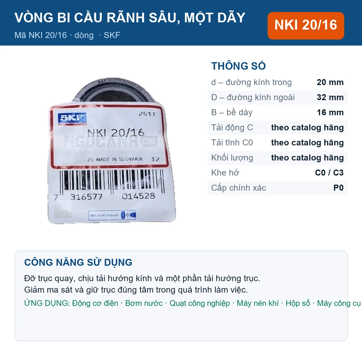 Vòng bi SKF NKI 20/16 — kích thước 20x32x16mm