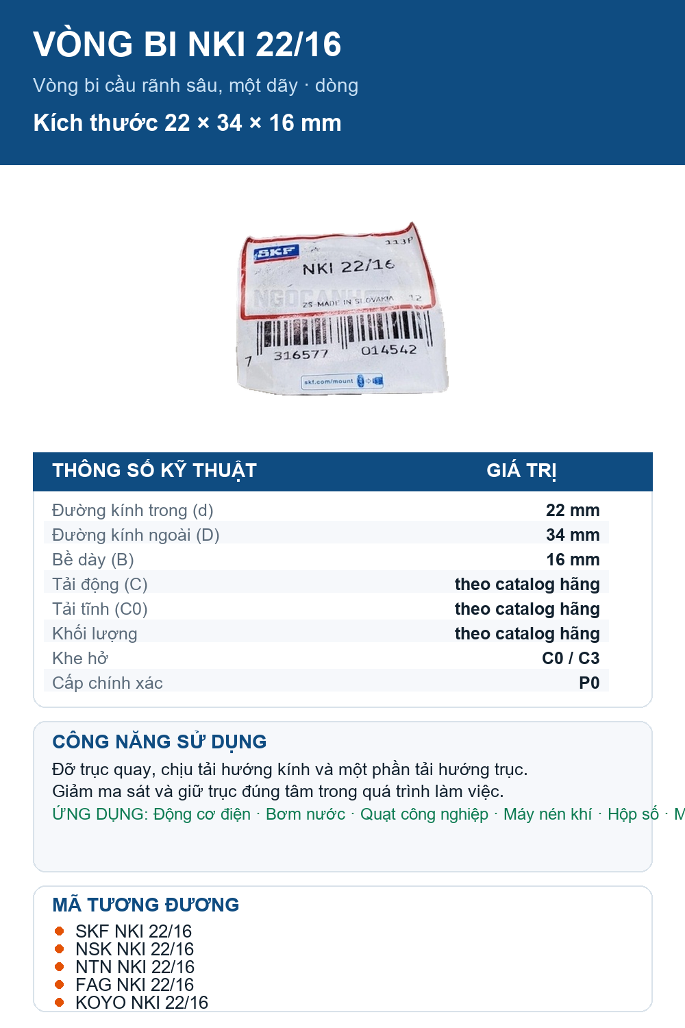 Vòng bi SKF NKI 22/16 22x34x16mm — Ảnh thông số (Pinterest)