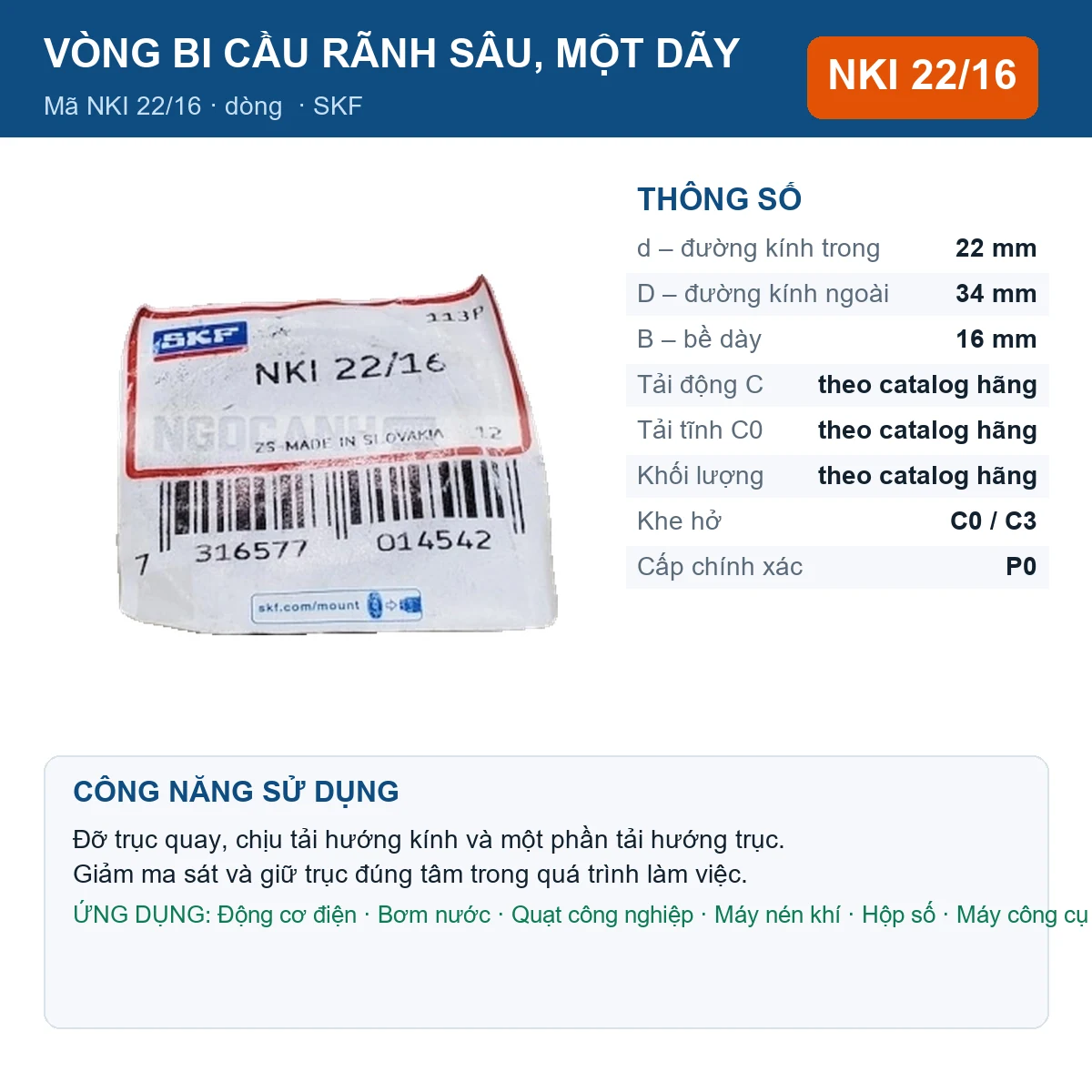 Vòng bi SKF NKI 22/16 22x34x16mm — Ảnh đăng sản phẩm (web)