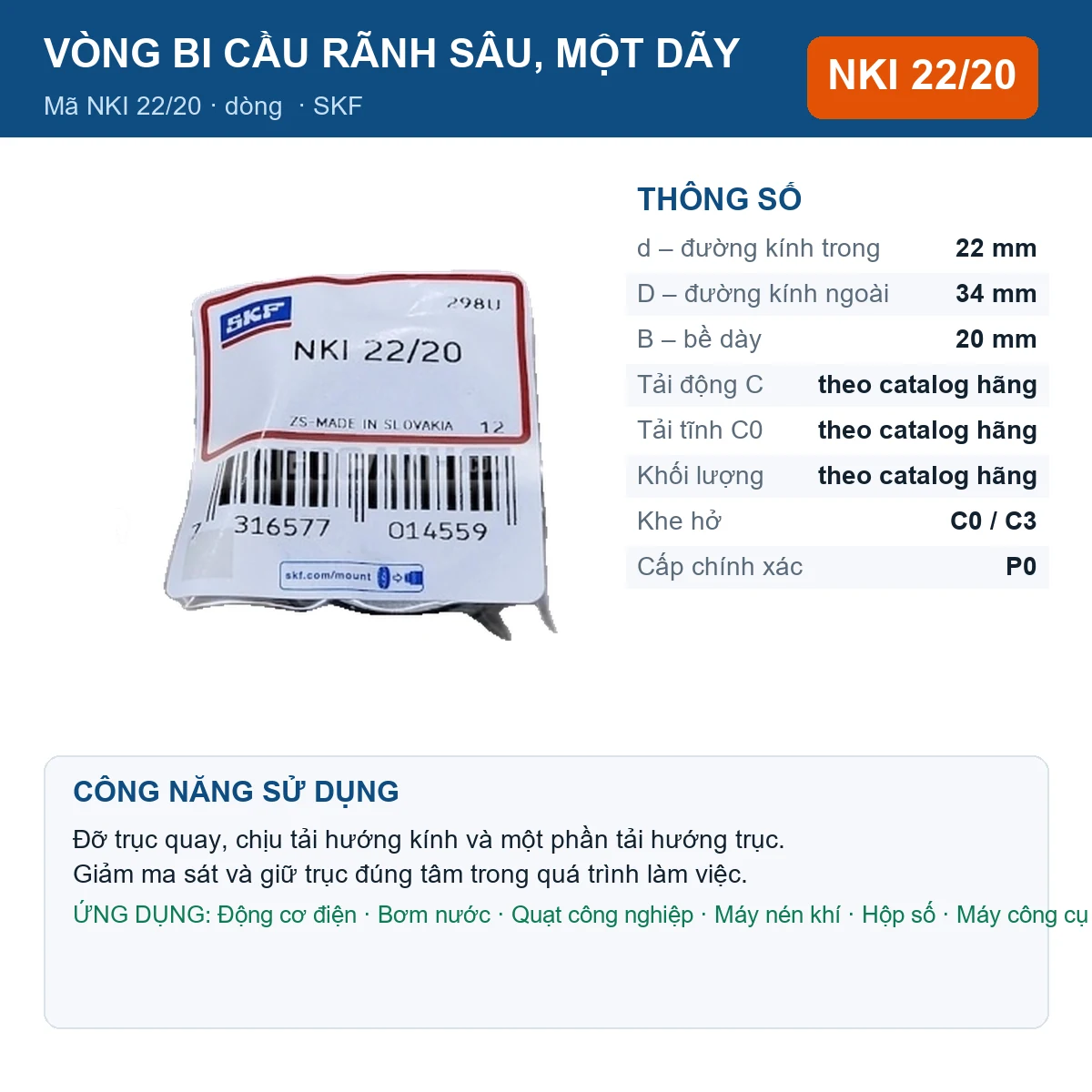 Vòng bi SKF NKI 22/20 22x34x20mm — Ảnh đăng sản phẩm (web)