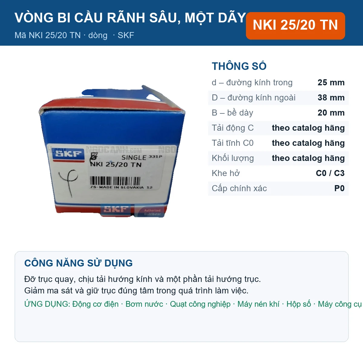 Vòng bi SKF NKI 25/20 TN — kích thước 25x38x20mm