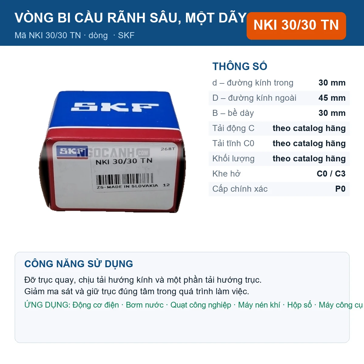 Vòng bi SKF NKI 30/30 TN — kích thước 30x45x30mm