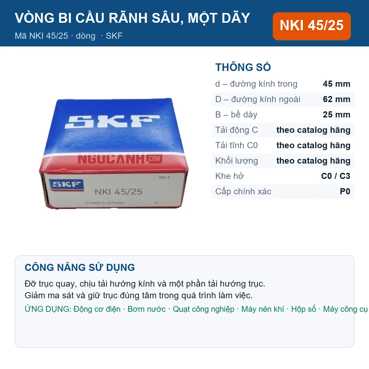 Vòng bi SKF NKI 45/25 45x62x25mm — Ảnh đăng sản phẩm (web)