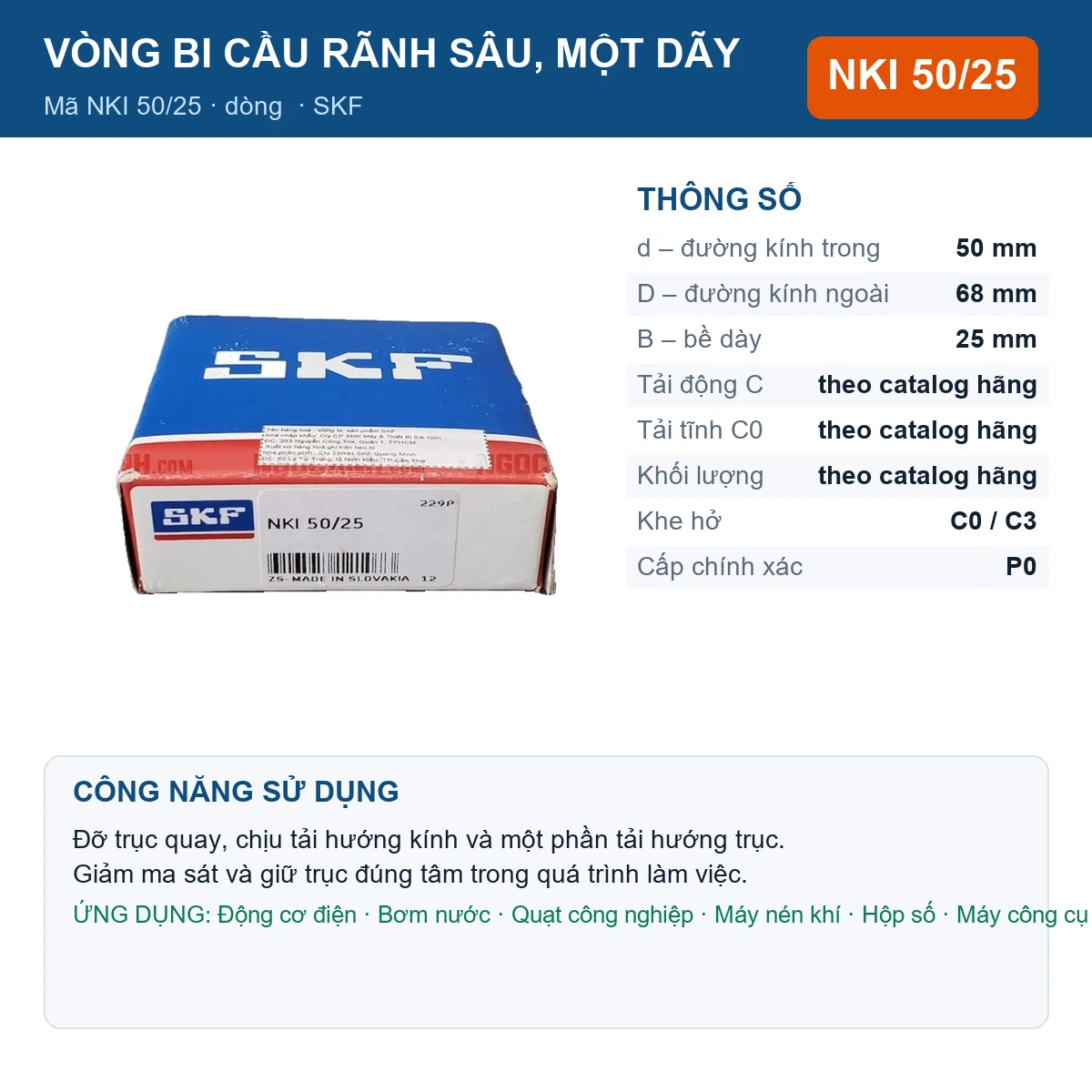 Vòng bi SKF NKI 50/25 50x68x25mm — Ảnh đăng sản phẩm (web)