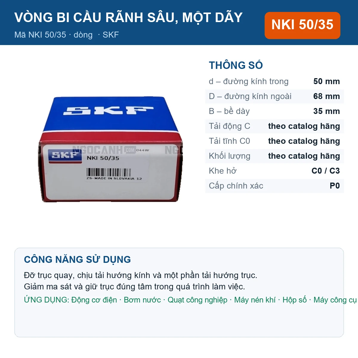 Vòng bi SKF NKI 50/35 50x68x35mm — Ảnh đăng sản phẩm (web)