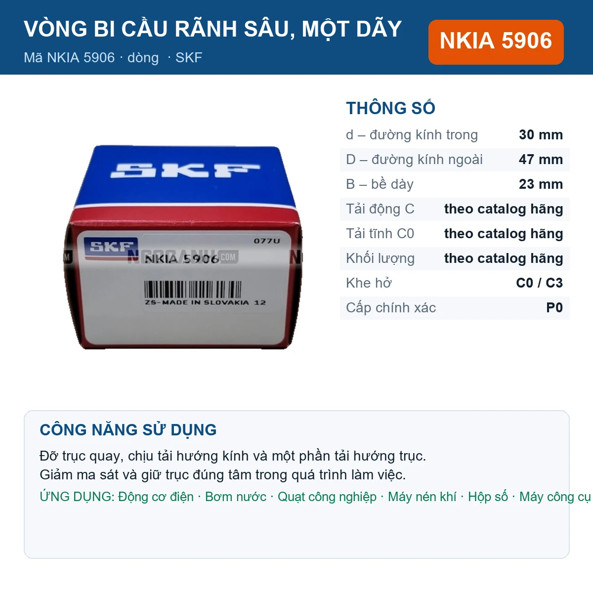 Vòng bi SKF NKIA 5906 — kích thước 30x47x23mm