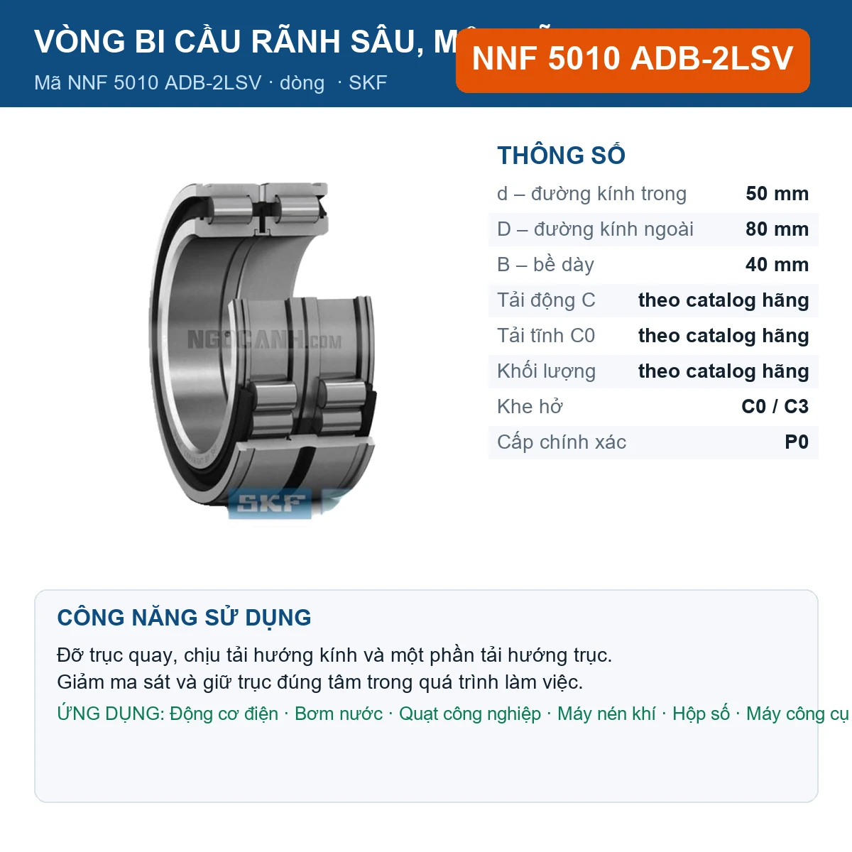 Vòng bi SKF NNF 5010 ADB-2LSV — kích thước 50x80x40mm