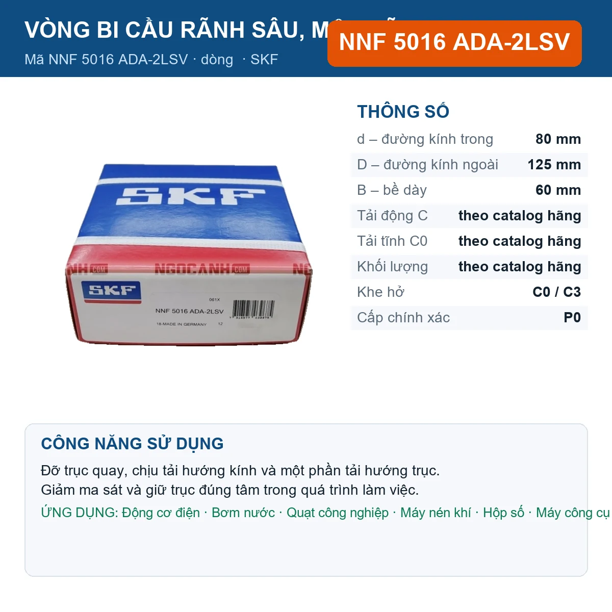 Vòng bi SKF NNF 5016 ADA-2LSV — kích thước 80x125x60mm