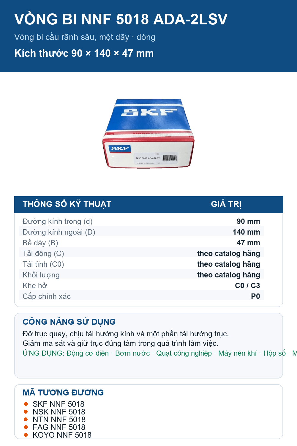 Vòng bi SKF NNF 5018 ADA-2LSV 90x140x47mm — Ảnh thông số (Pinterest)
