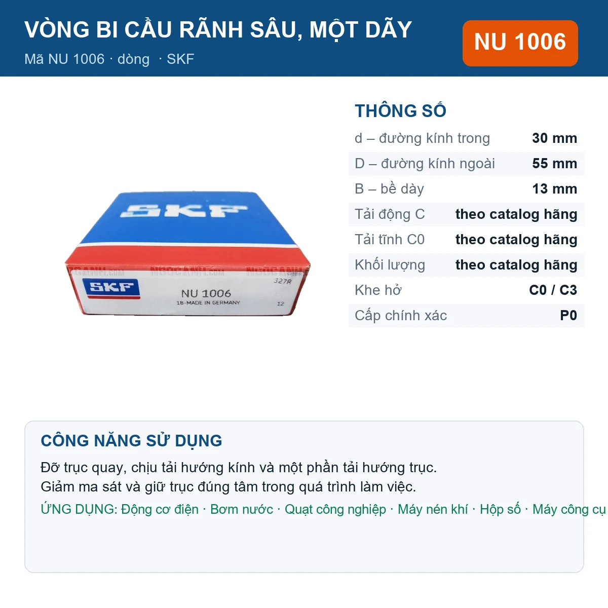 Vòng bi SKF NU 1006 — kích thước 30x55x13mm