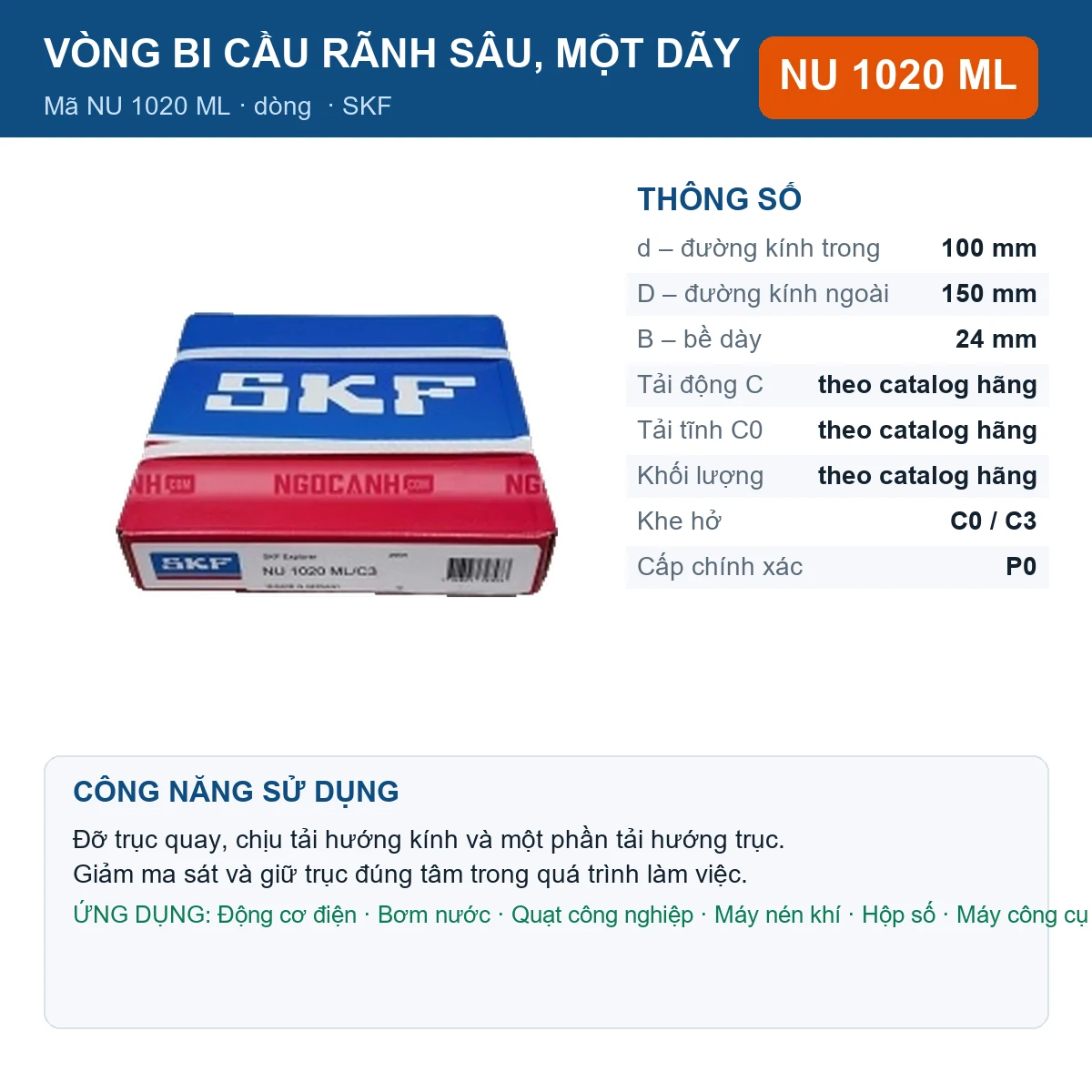 Vòng bi SKF NU 1020 ML — kích thước 100x150x24mm