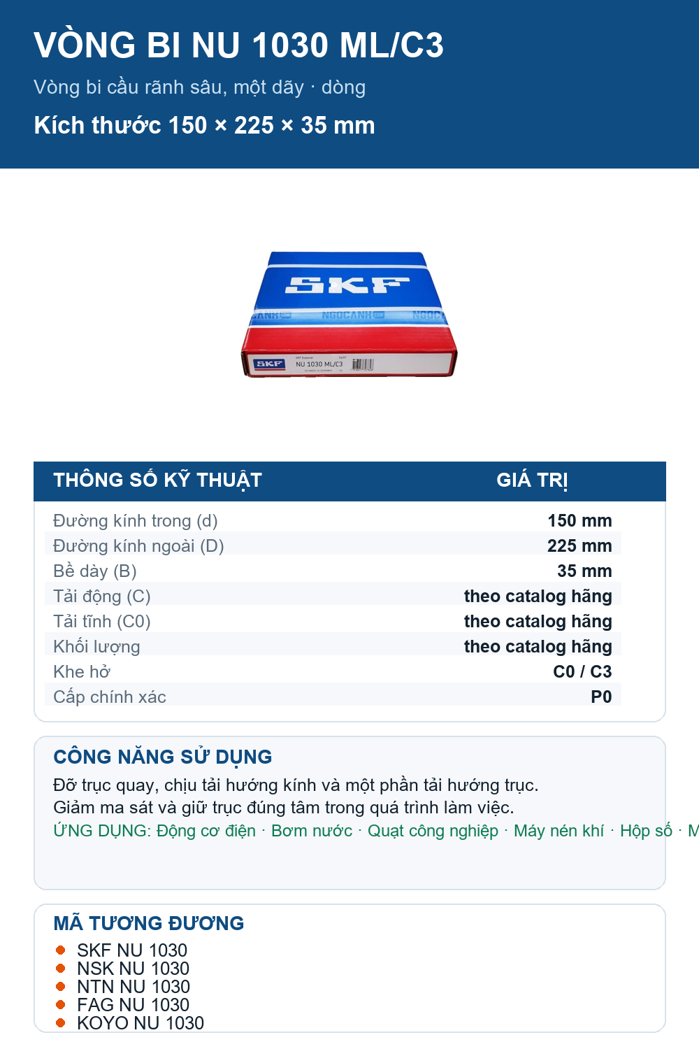 Vòng bi SKF NU 1030 ML/C3 150x225x35mm — Ảnh thông số (Pinterest)