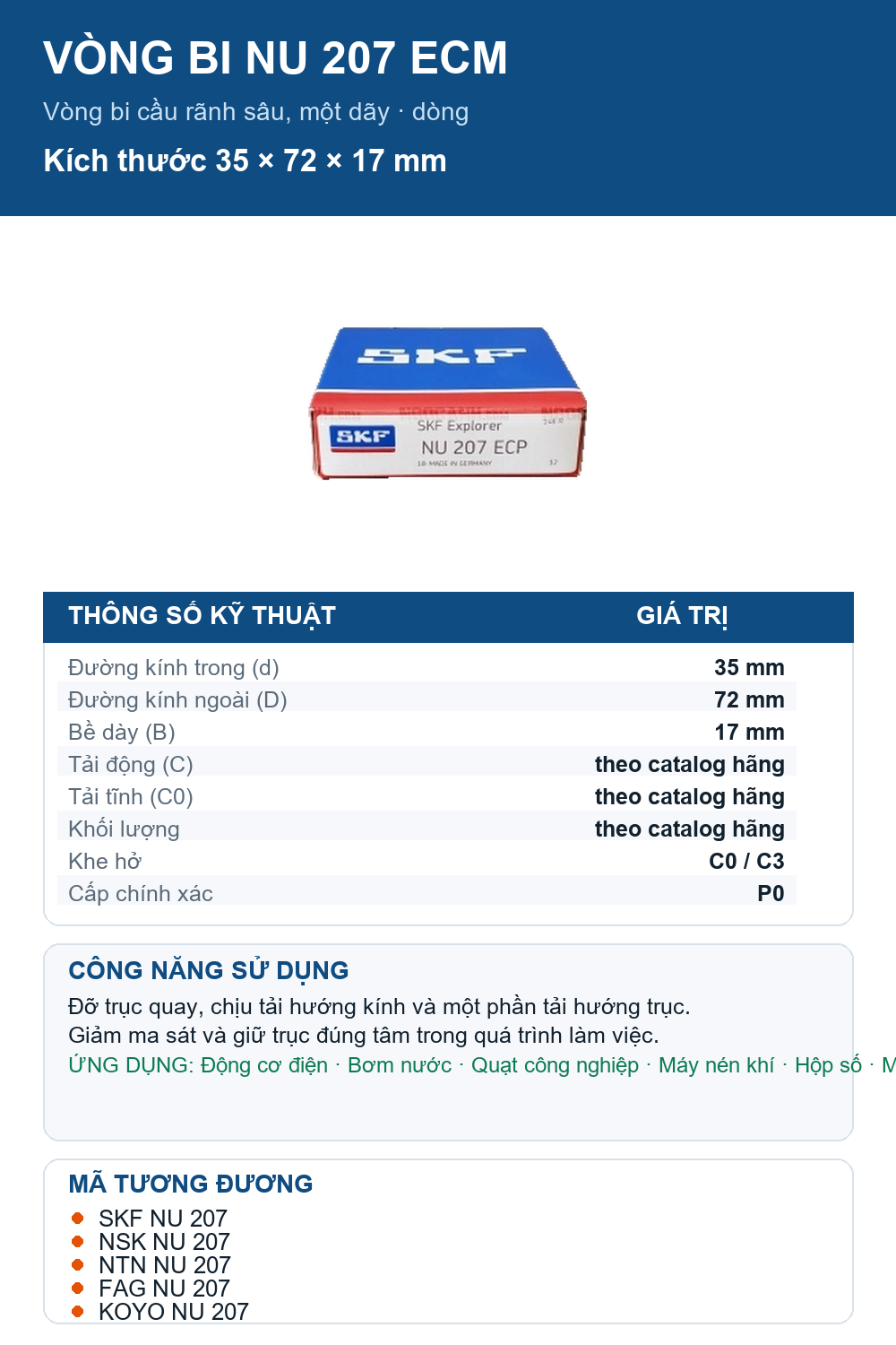 Vòng bi SKF NU 207 ECM 35x72x17mm — Ảnh thông số (Pinterest)