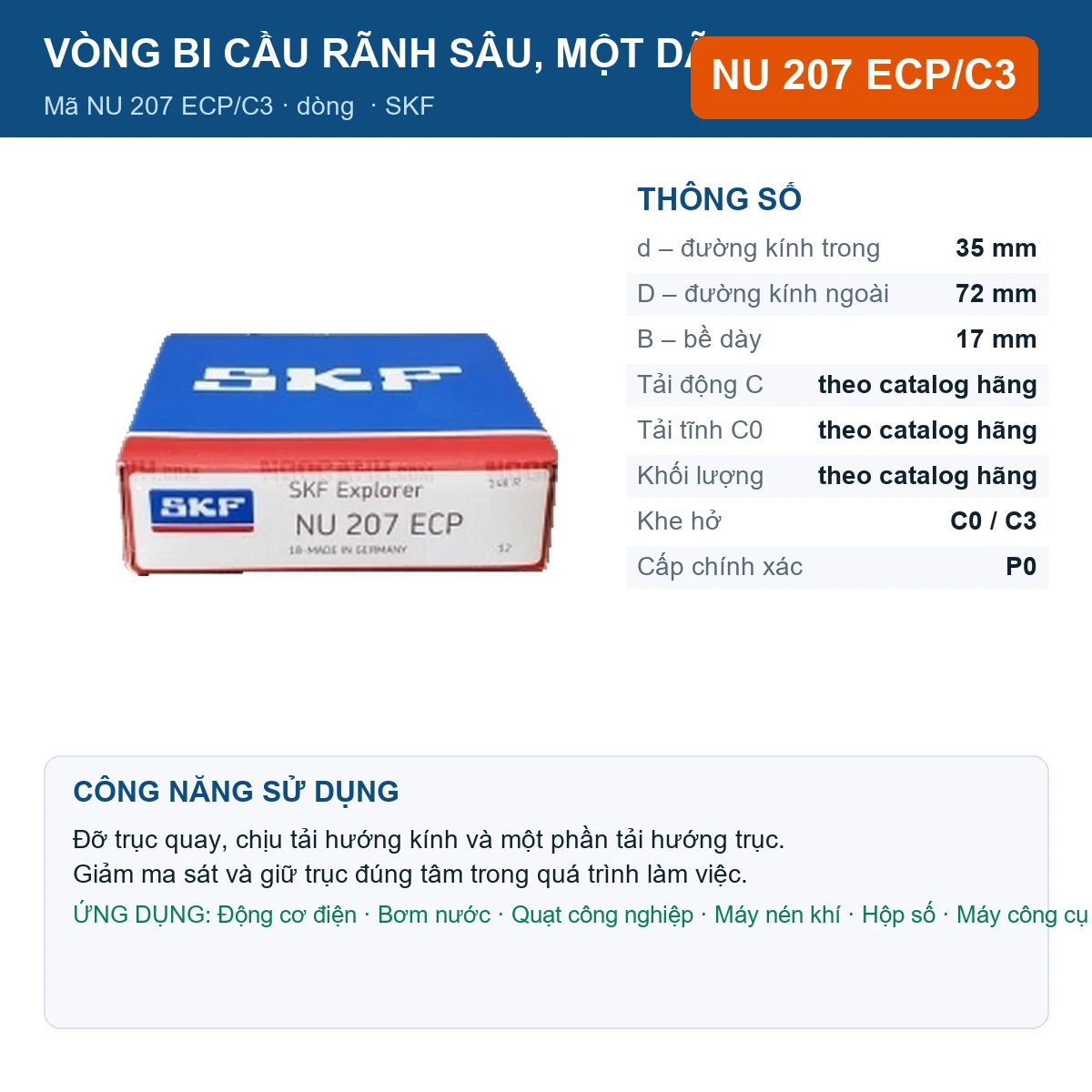 Vòng bi SKF NU 207 ECP/C3 — kích thước 35x72x17mm