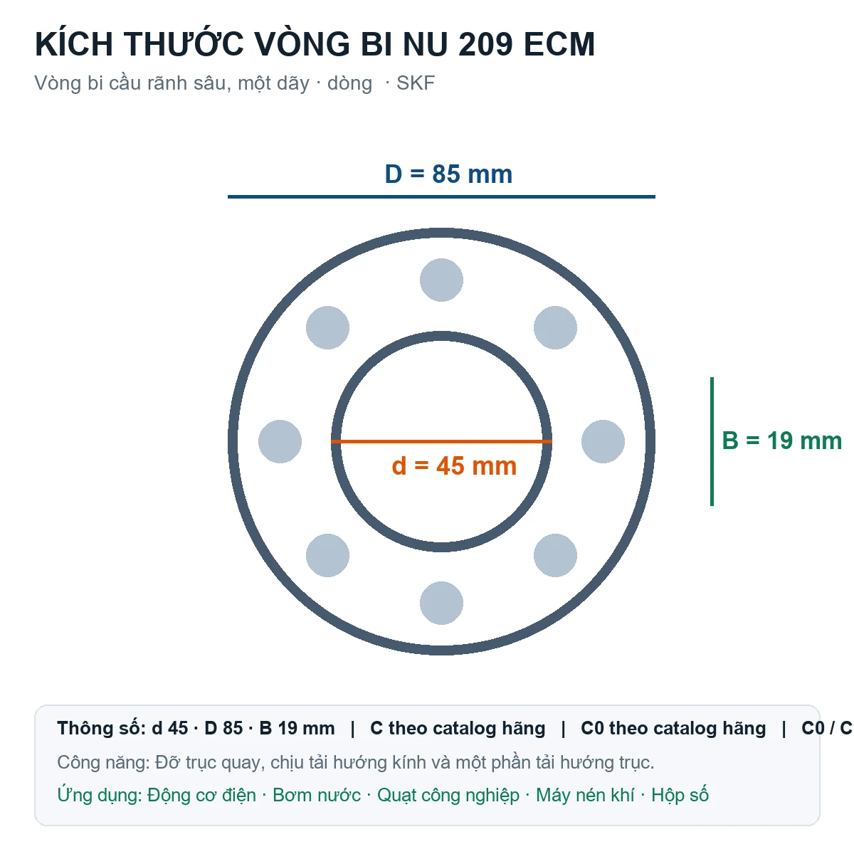 Vòng bi SKF NU 209 ECM 45x85x19mm — Bản vẽ kích thước (Google Images)