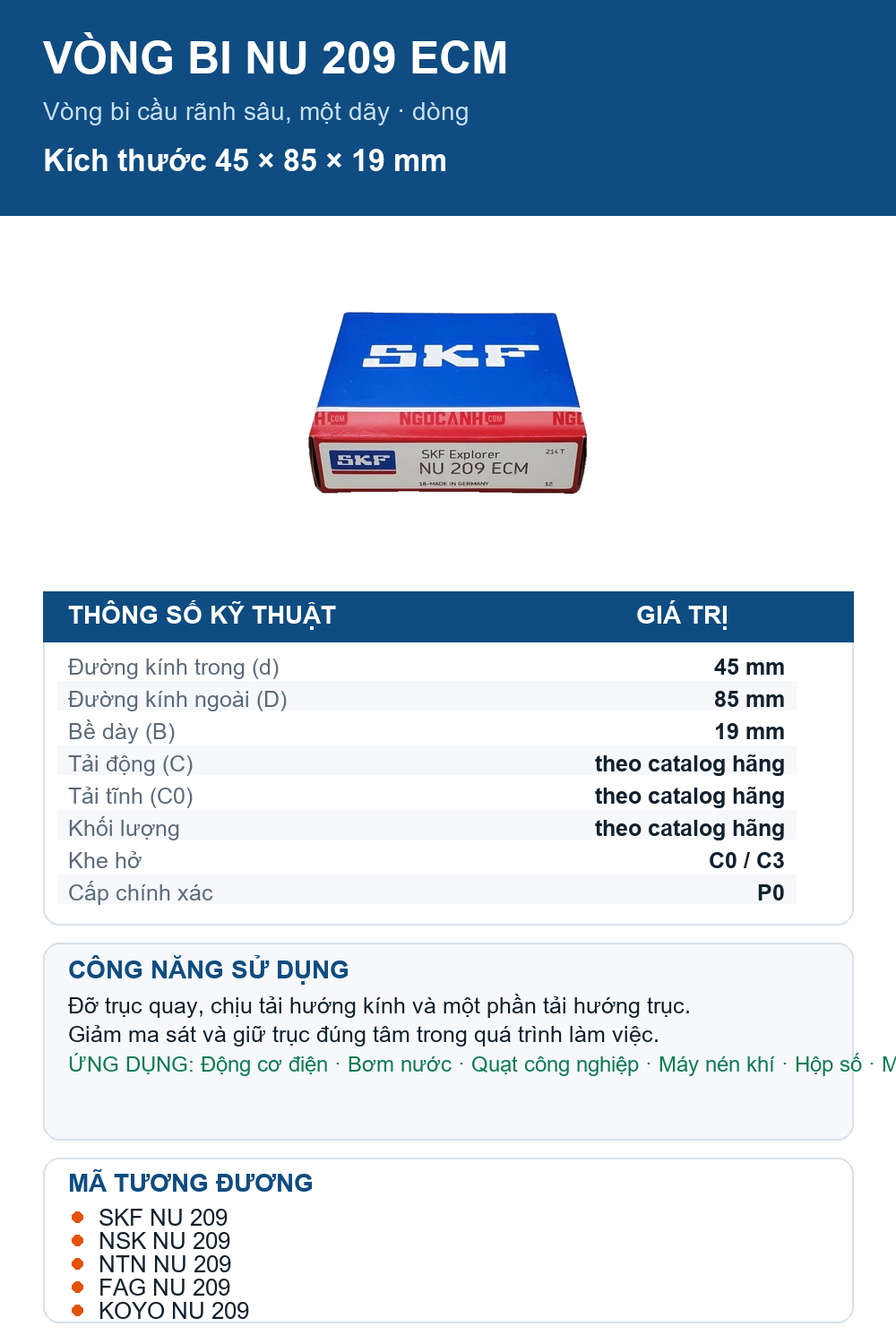 Vòng bi SKF NU 209 ECM 45x85x19mm — Ảnh thông số (Pinterest)