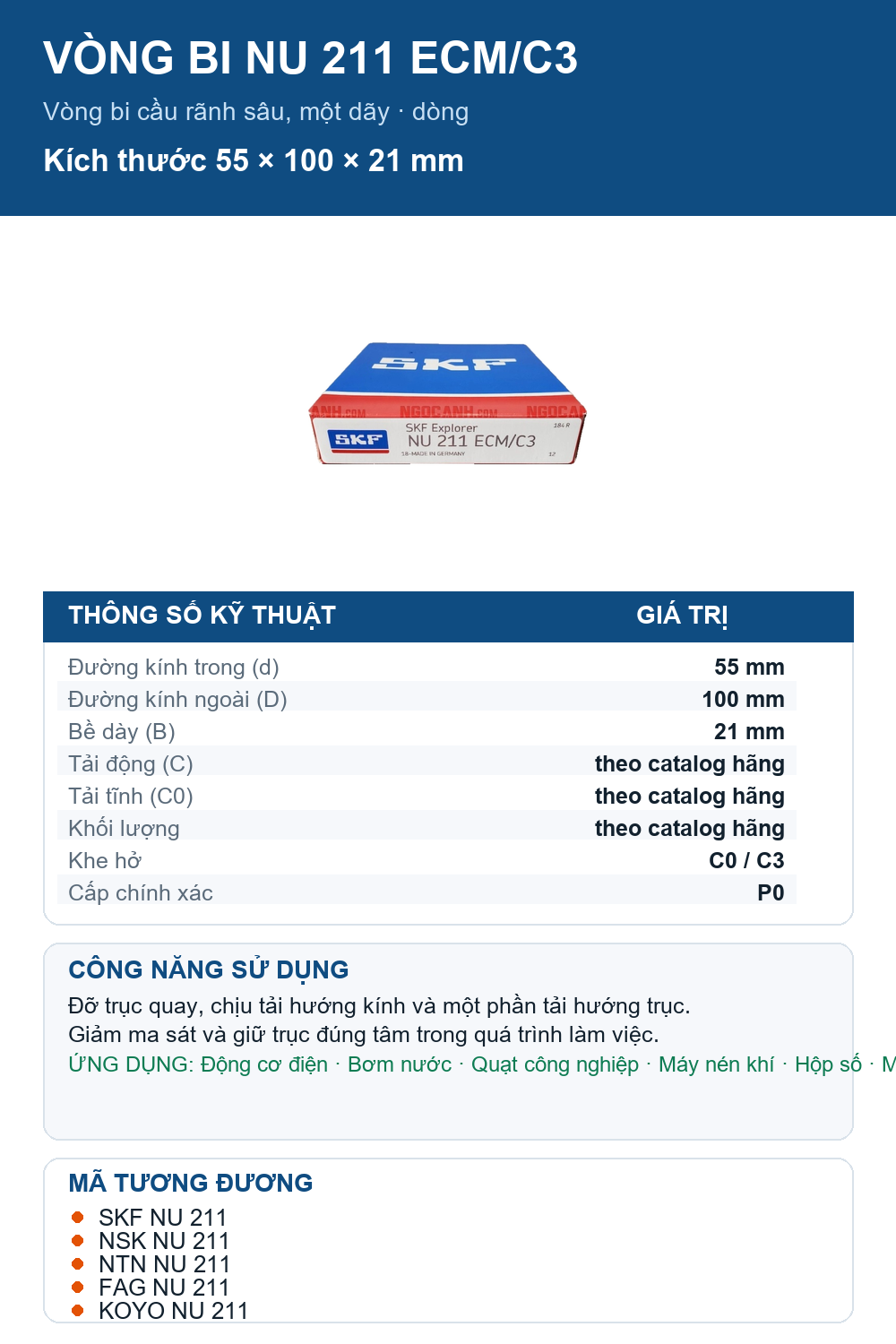 Vòng bi SKF NU 211 ECM/C3 55x100x21mm — Ảnh thông số (Pinterest)