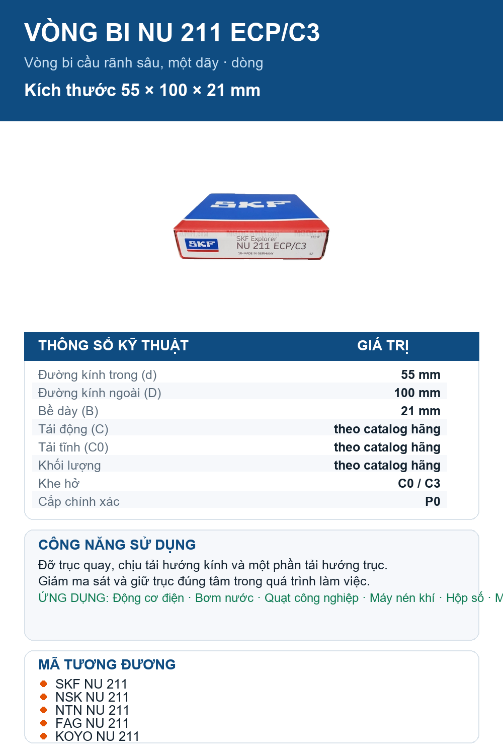 Vòng bi SKF NU 211 ECP/C3 55x100x21mm — Ảnh thông số (Pinterest)