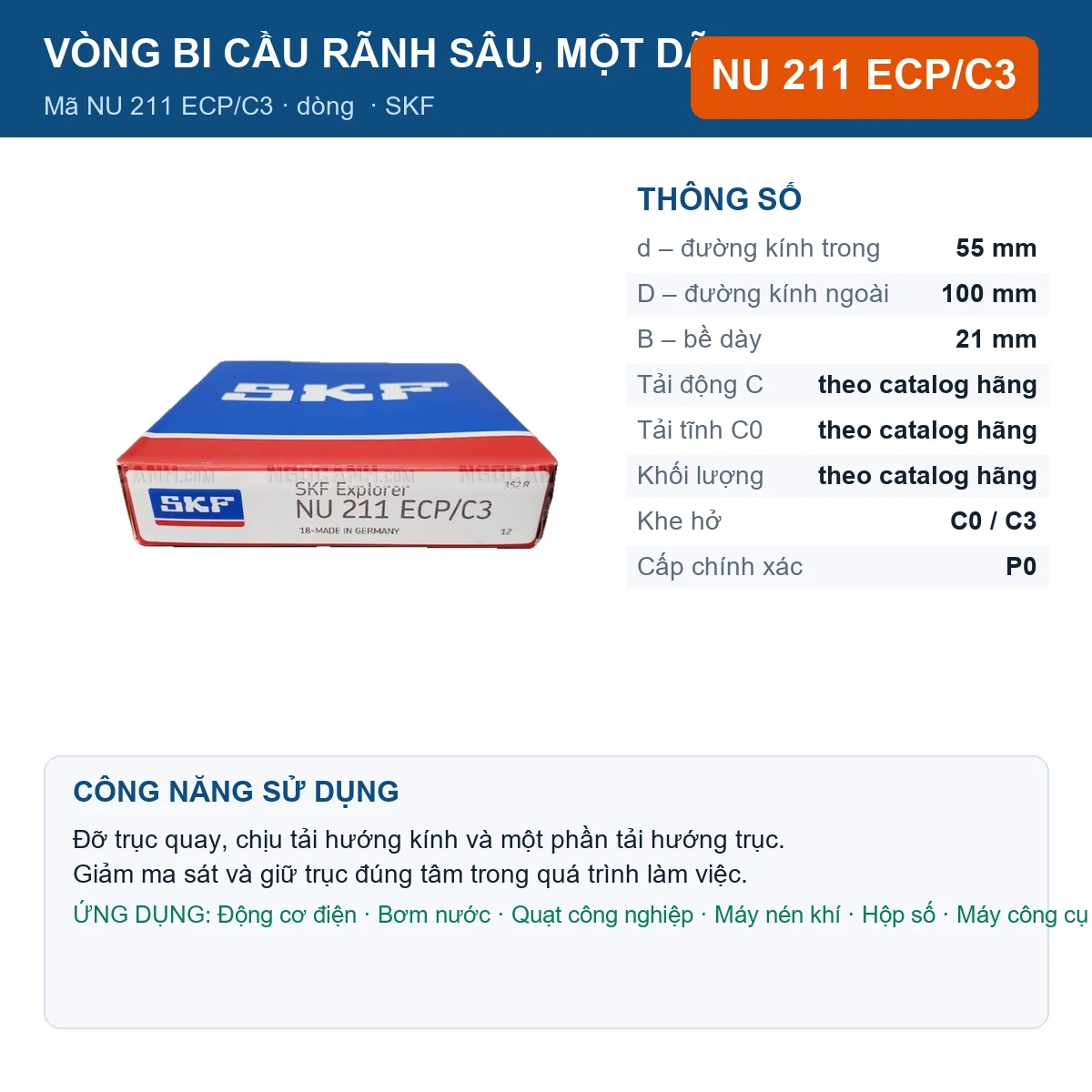 Vòng bi SKF NU 211 ECP/C3 — kích thước 55x100x21mm