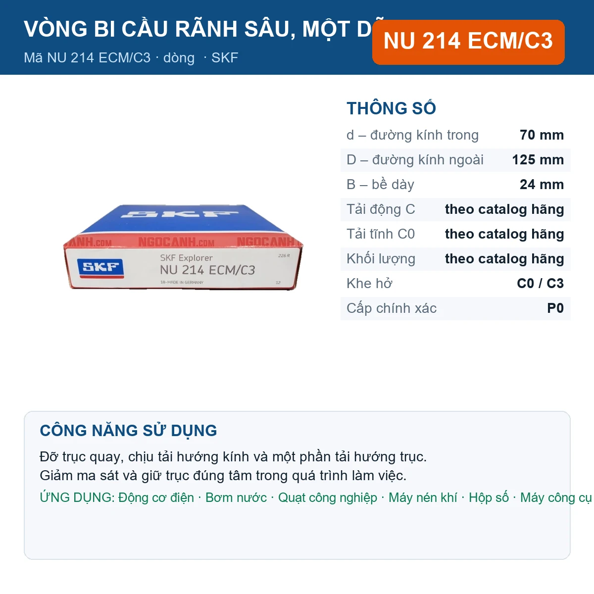 Vòng bi SKF NU 214 ECM/C3 — kích thước 70x125x24mm