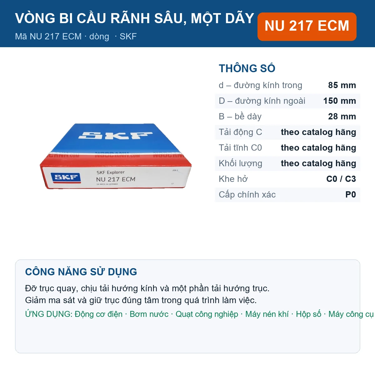 Vòng bi SKF NU 217 ECM 85x150x28mm — Ảnh đăng sản phẩm (web)