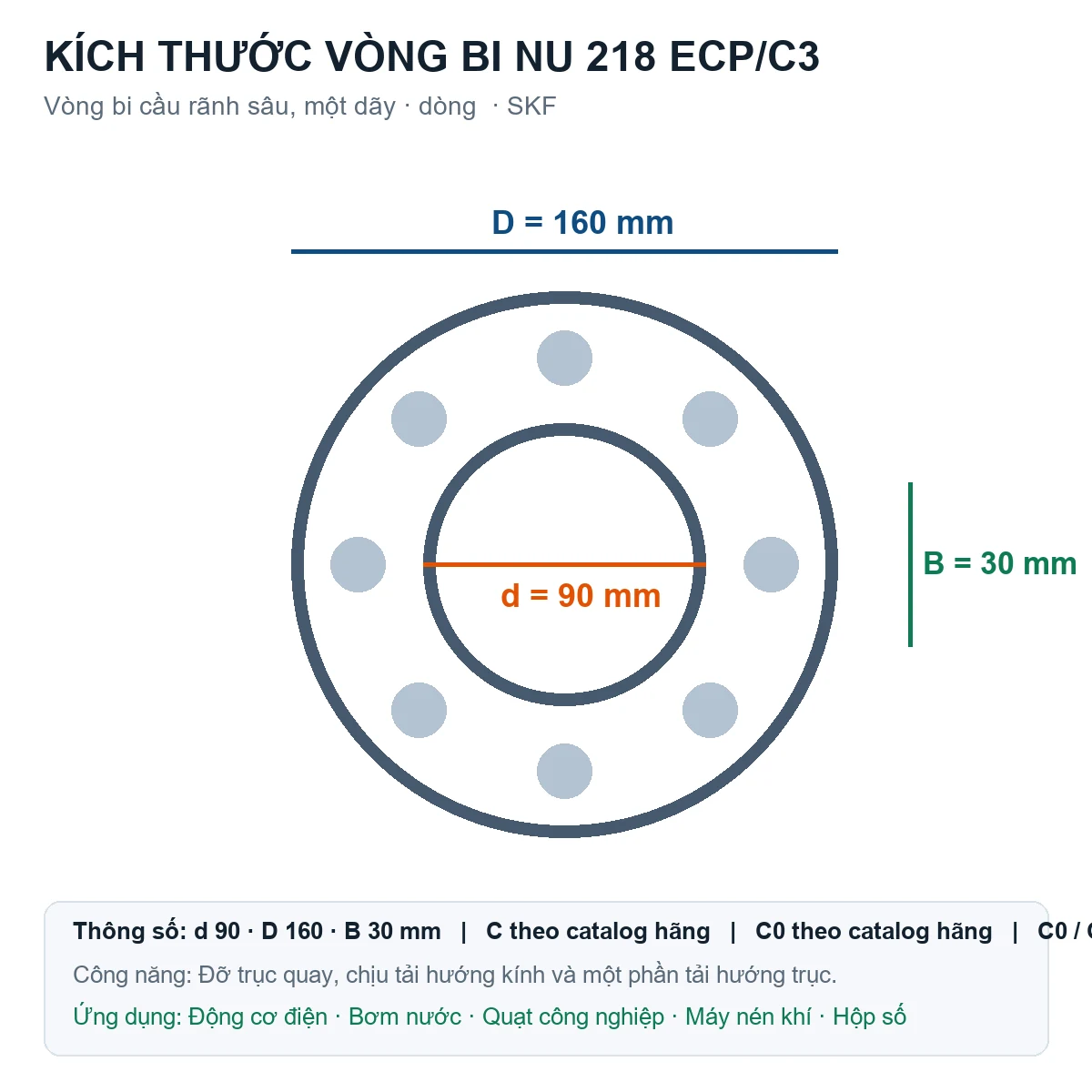 Vòng bi SKF NU 218 ECP/C3 90x160x30mm — Bản vẽ kích thước (Google Images)