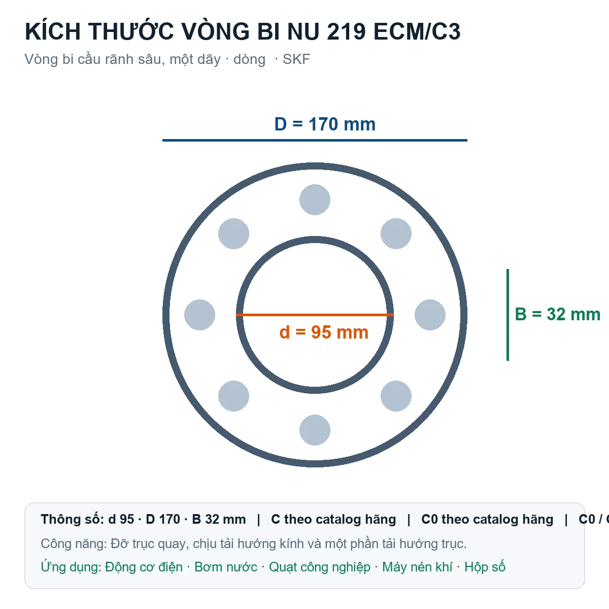 Vòng bi SKF NU 219 ECM/C3 95x170x32mm — Bản vẽ kích thước (Google Images)