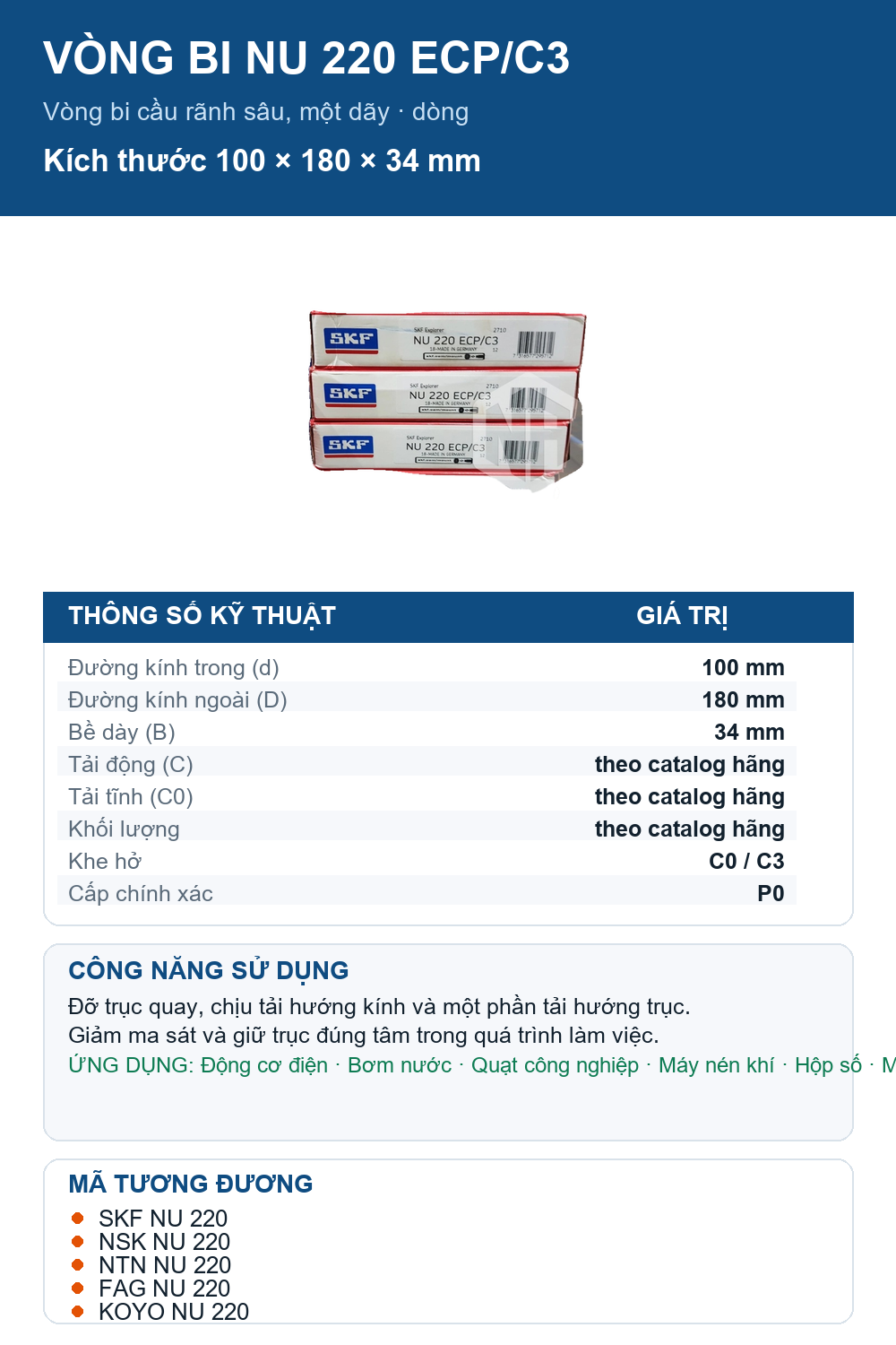 Vòng bi SKF NU 220 ECP/C3 100x180x34mm — Ảnh thông số (Pinterest)