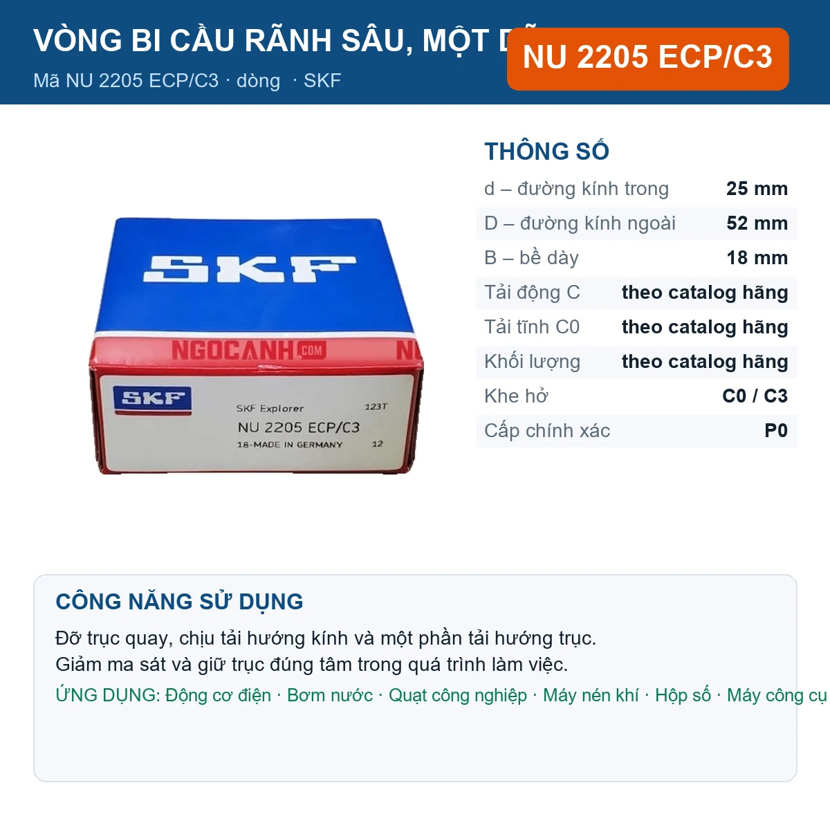 Vòng bi SKF NU 2205 ECP/C3 — kích thước 25x52x18mm