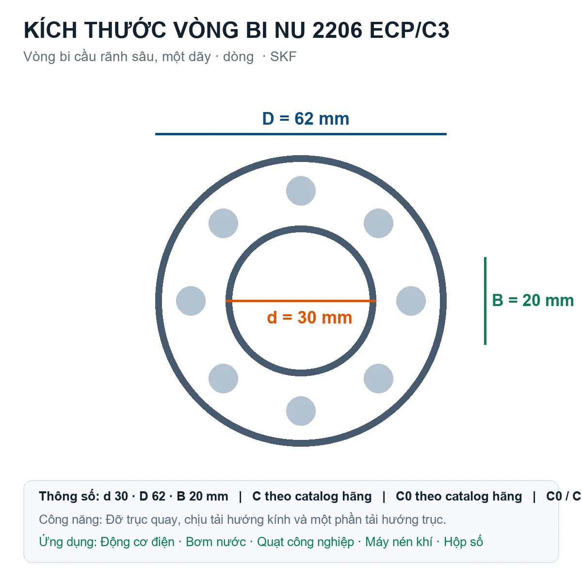 Vòng bi SKF NU 2206 ECP/C3 30x62x20mm — Bản vẽ kích thước (Google Images)