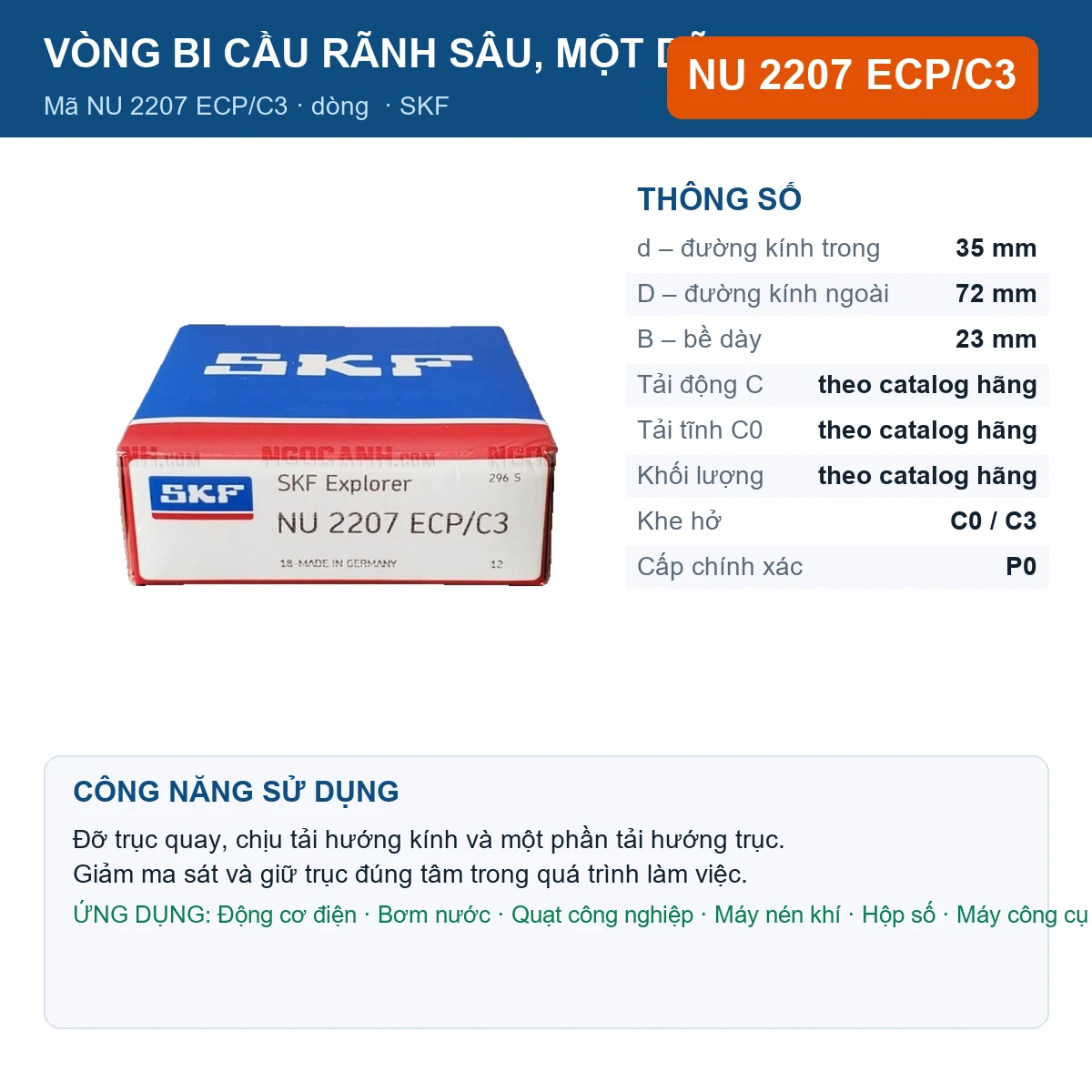 Vòng bi SKF NU 2207 ECP/C3 — kích thước 35x72x23mm