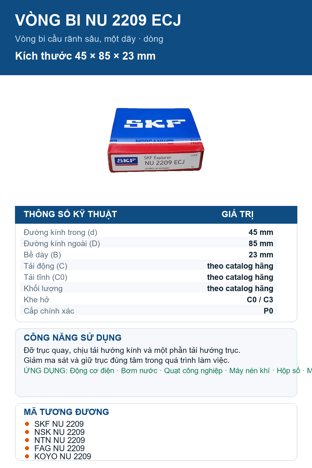 Vòng bi SKF NU 2209 ECJ 45x85x23mm — Ảnh thông số (Pinterest)