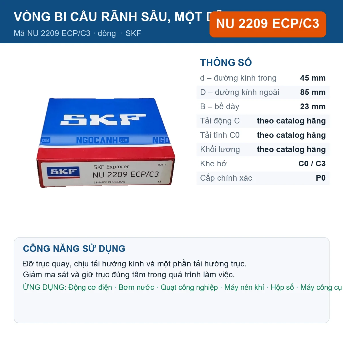 Vòng bi SKF NU 2209 ECP/C3 — kích thước 45x85x23mm