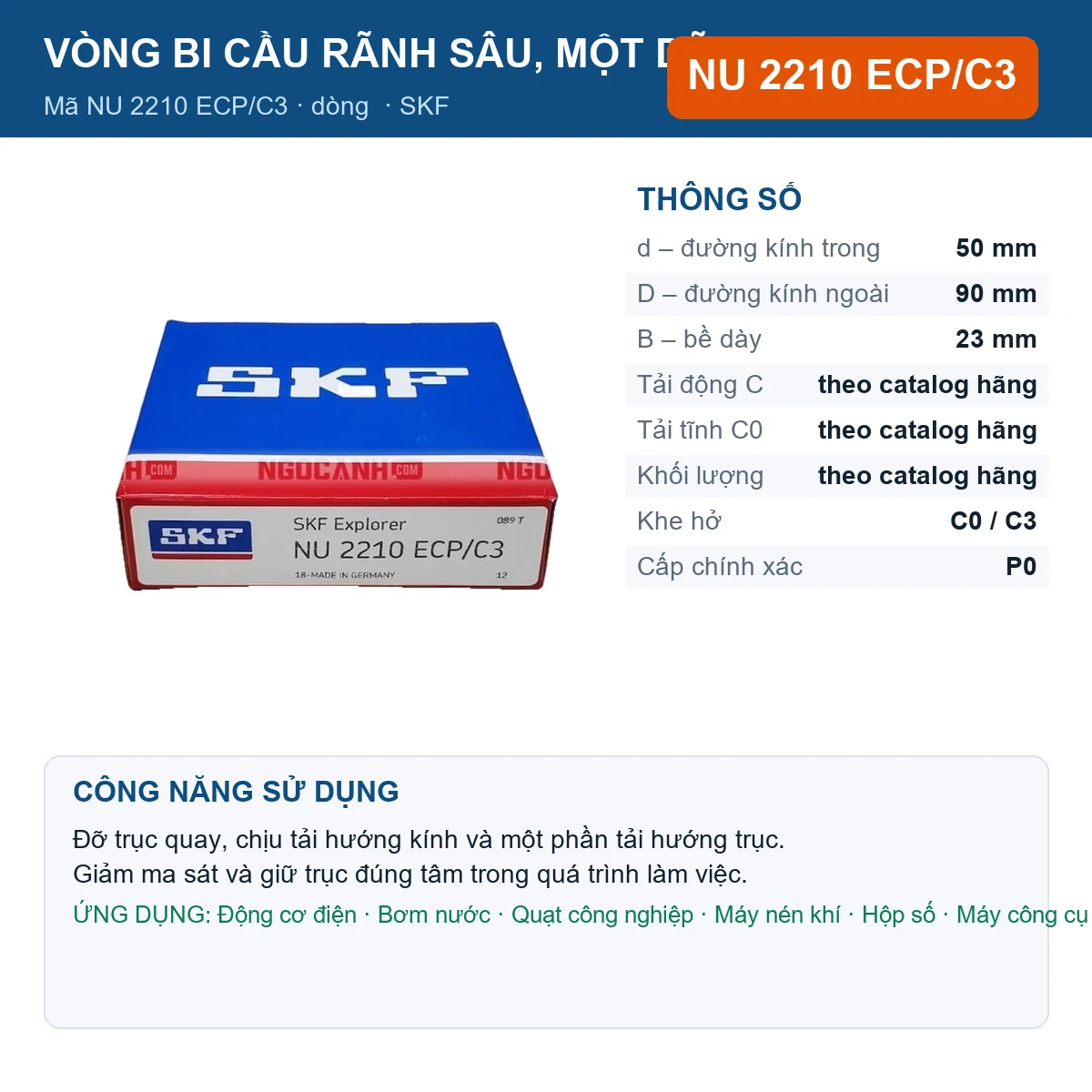 Vòng bi SKF NU 2210 ECP/C3 — kích thước 50x90x23mm