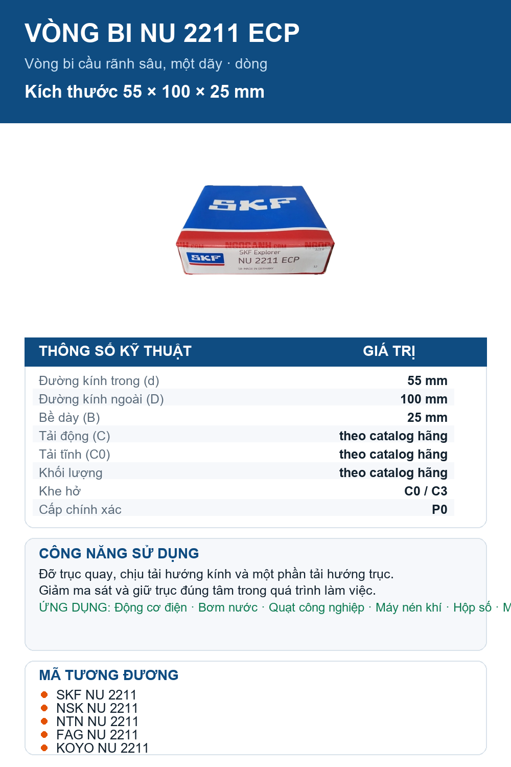 Vòng bi SKF NU 2211 ECP 55x100x25mm — Ảnh thông số (Pinterest)