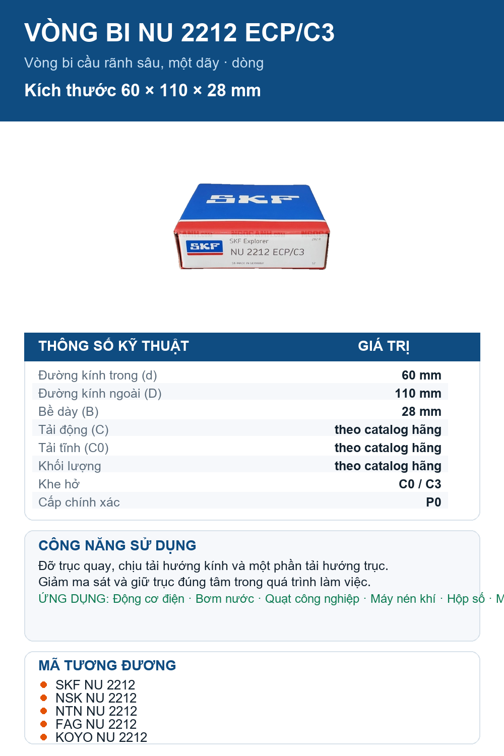 Vòng bi SKF NU 2212 ECP/C3 60x110x28mm — Ảnh thông số (Pinterest)
