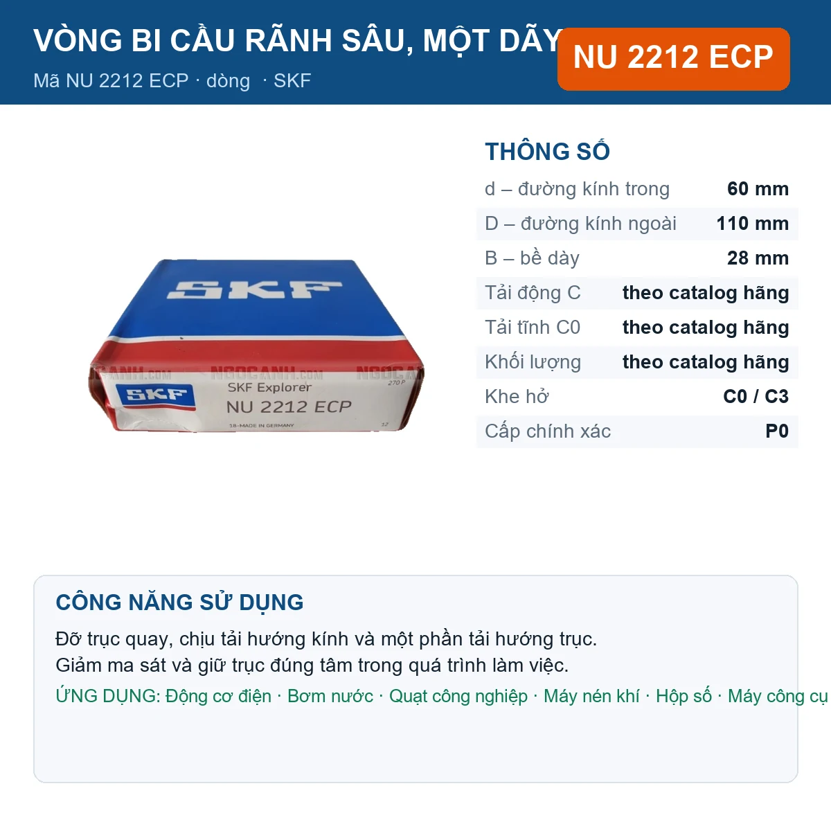Vòng bi SKF NU 2212 ECP — kích thước 60x110x28mm