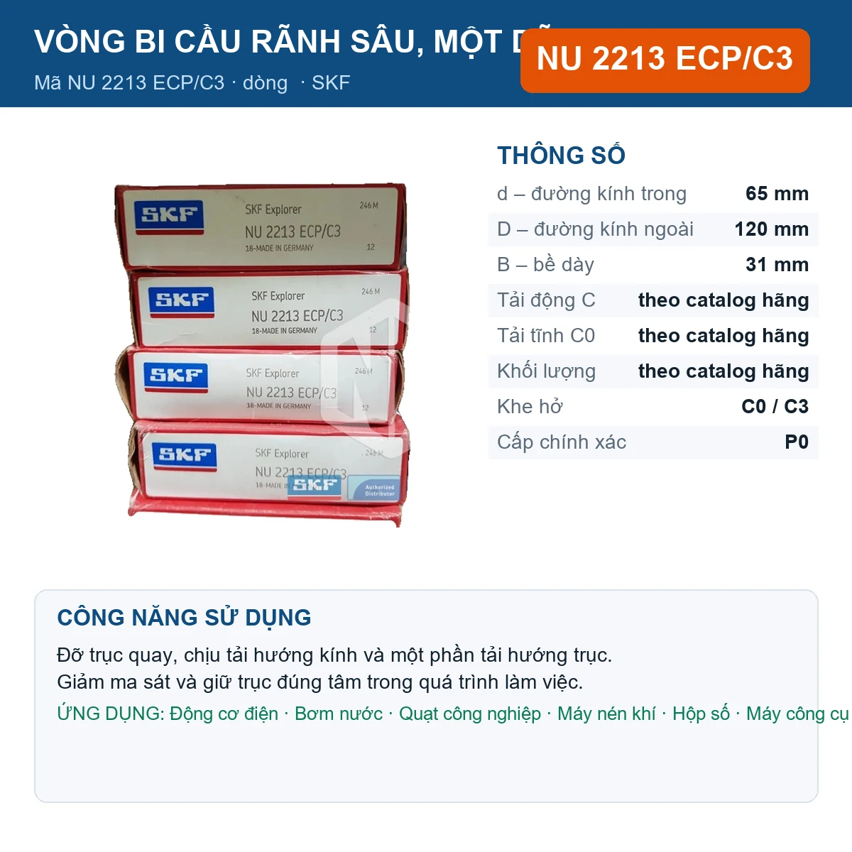 Vòng bi SKF NU 2213 ECP/C3 — kích thước 65x120x31mm
