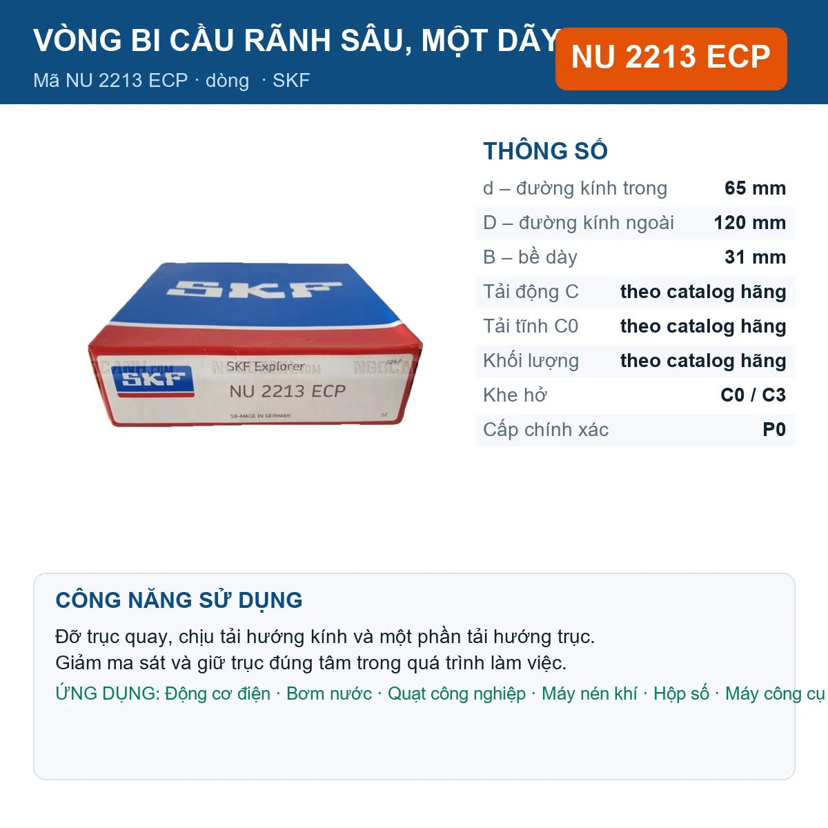 Vòng bi SKF NU 2213 ECP — kích thước 65x120x31mm