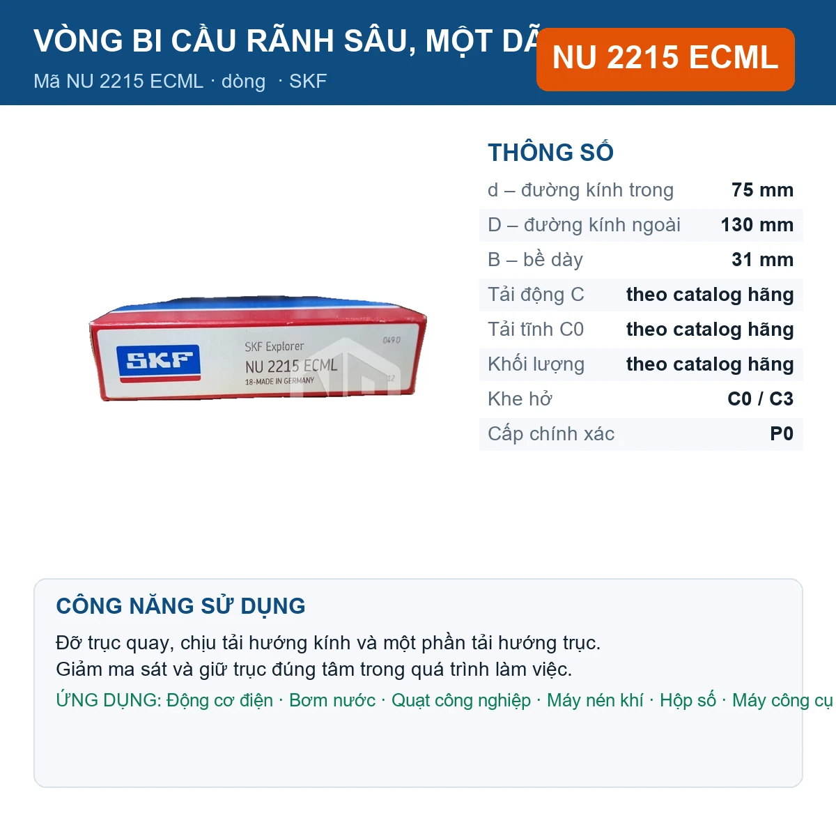 Vòng bi SKF NU 2215 ECML — kích thước 75x130x31mm