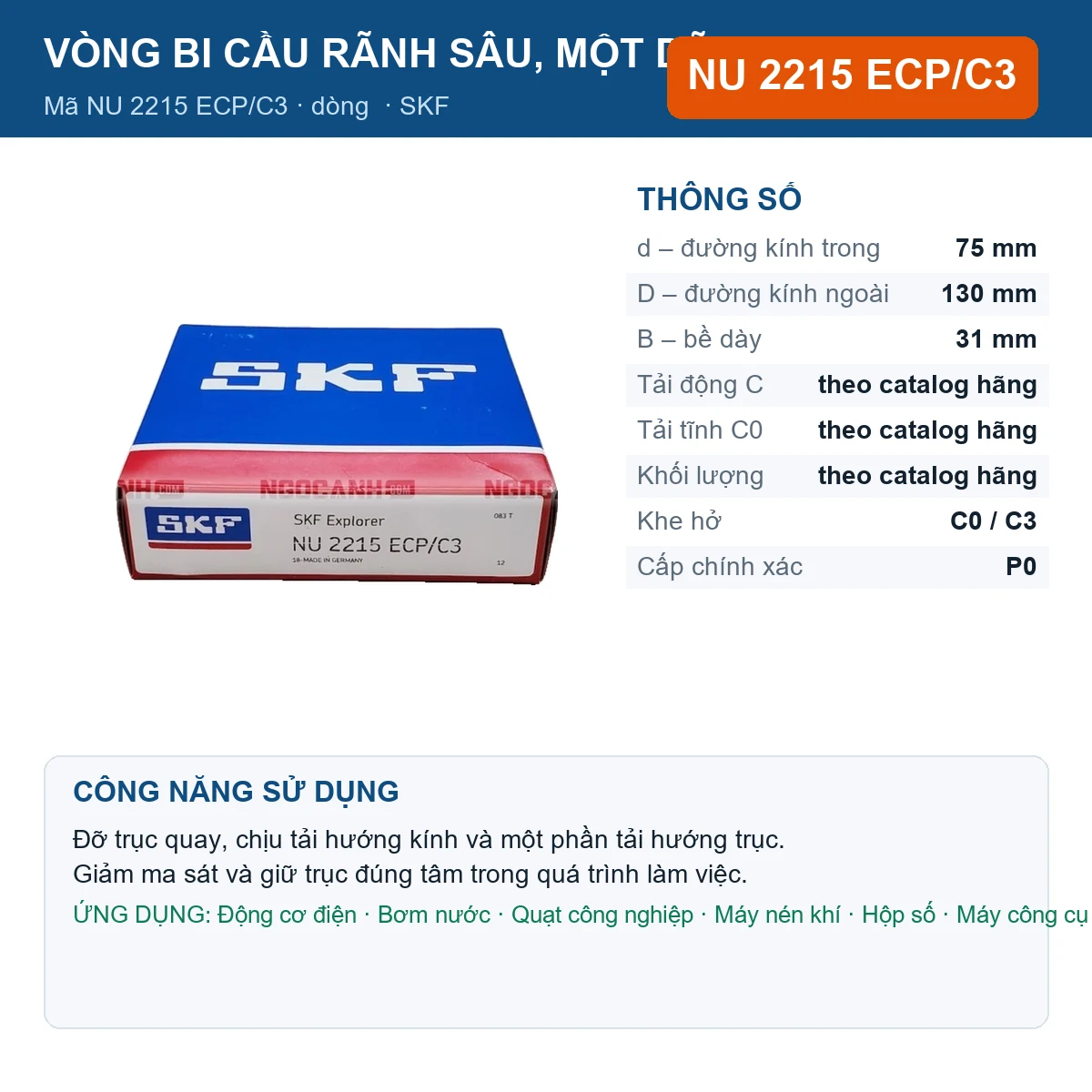 Vòng bi SKF NU 2215 ECP/C3 — kích thước 75x130x31mm