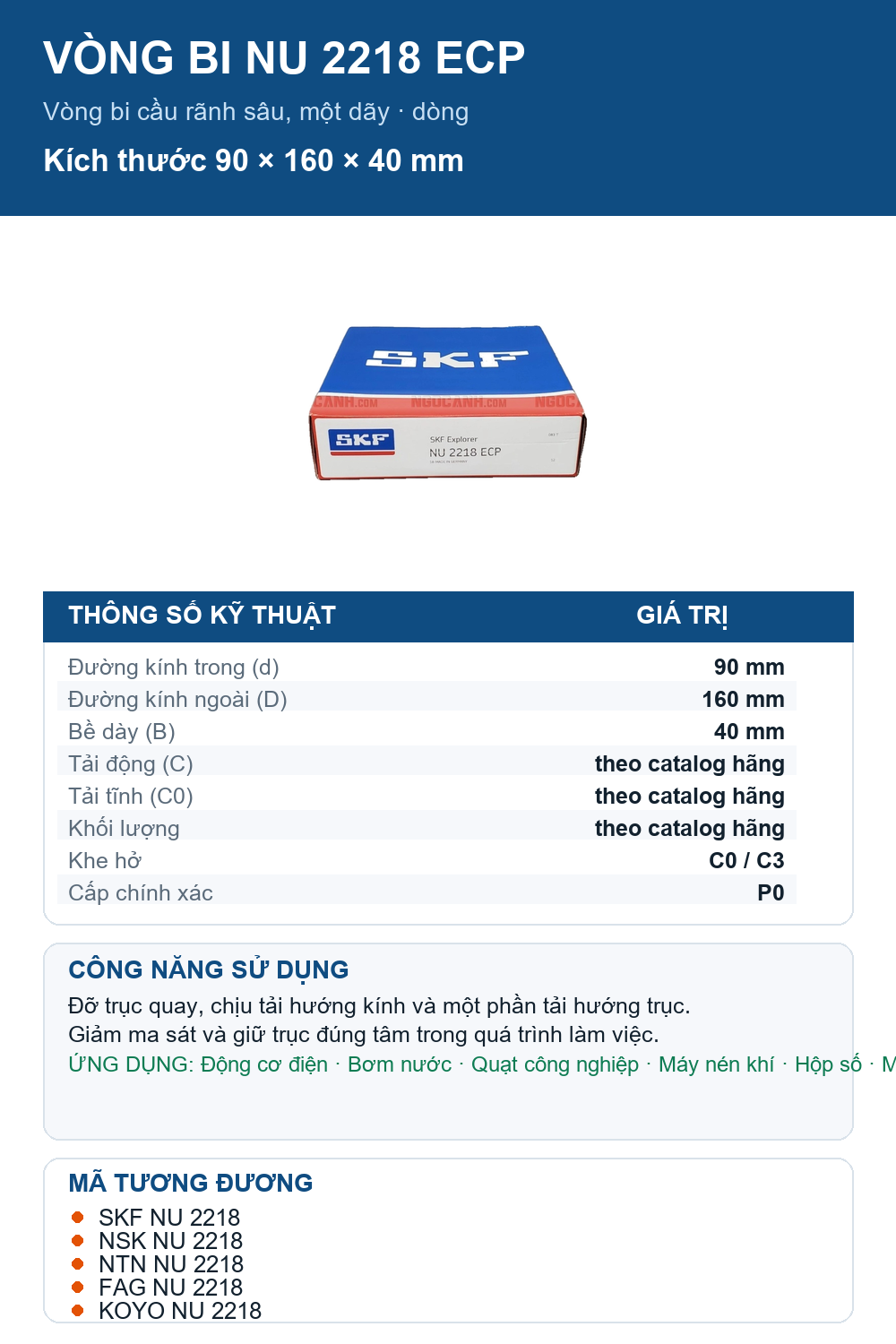 Vòng bi SKF NU 2218 ECP 90x160x40mm — Ảnh thông số (Pinterest)
