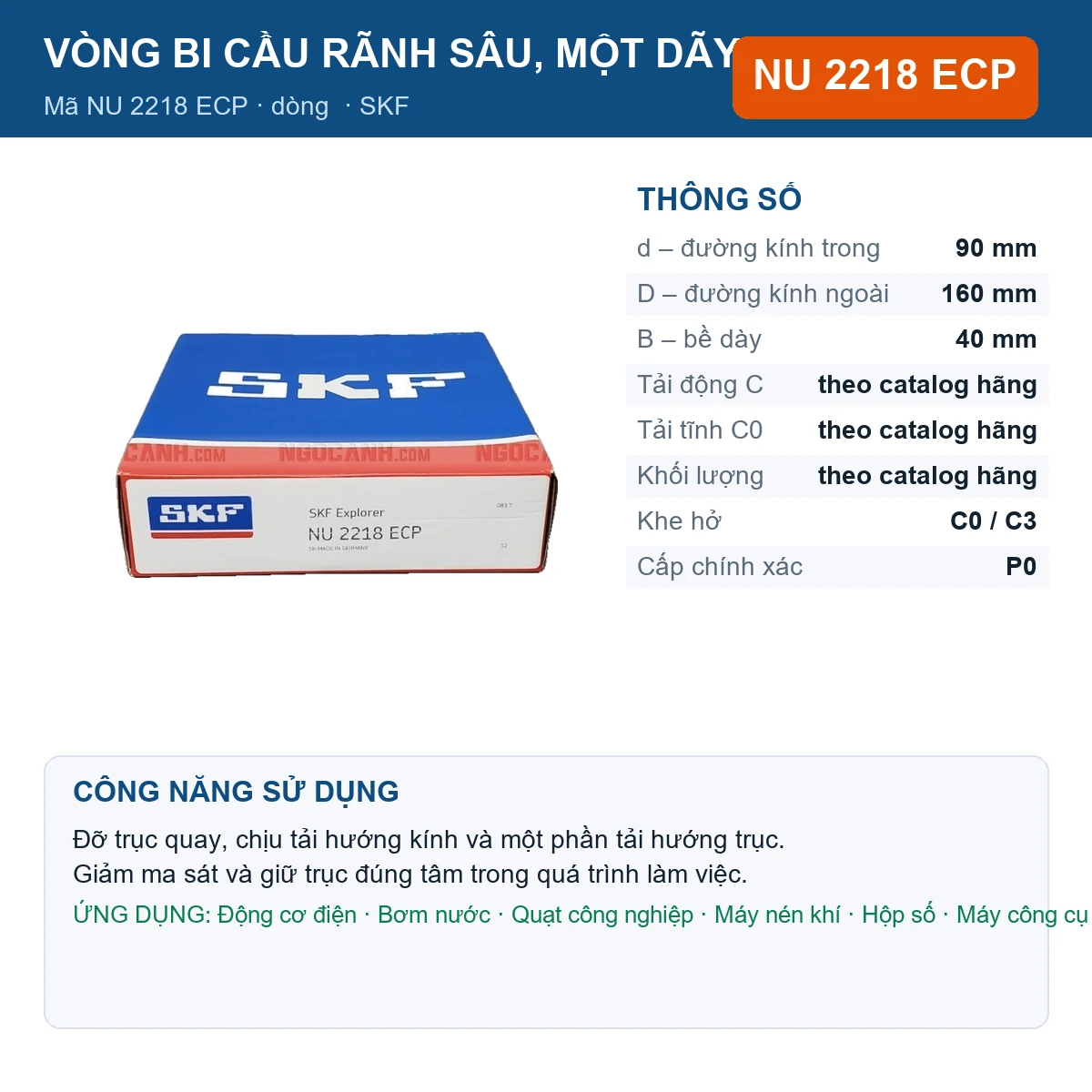 Vòng bi SKF NU 2218 ECP — kích thước 90x160x40mm