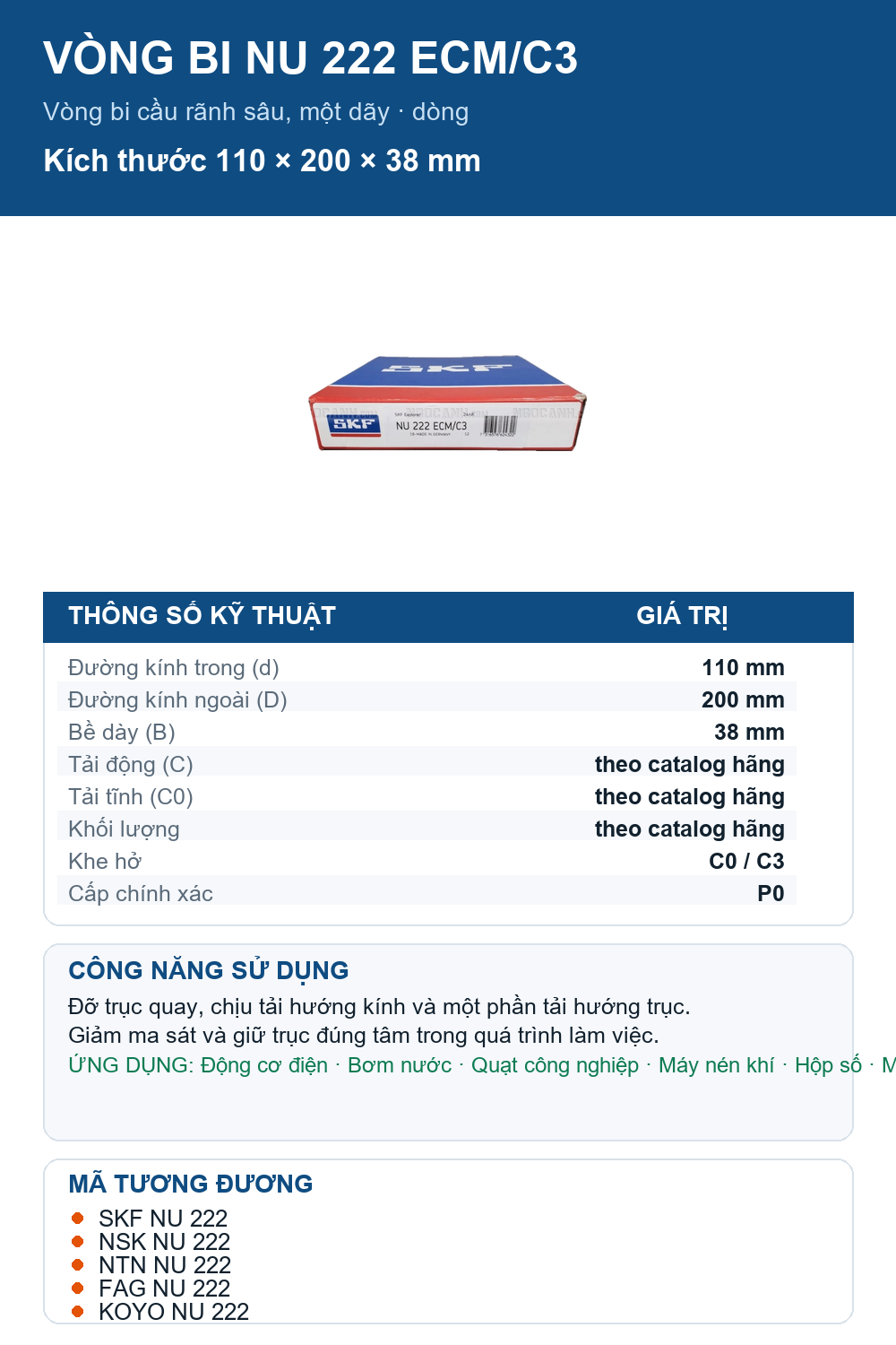 Vòng bi SKF NU 222 ECM/C3 110x200x38mm — Ảnh thông số (Pinterest)
