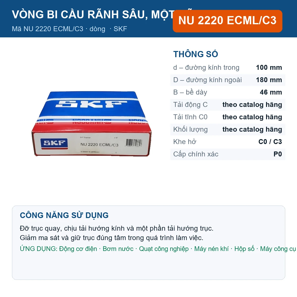 Vòng bi SKF NU 2220 ECML/C3 — kích thước 100x180x46mm
