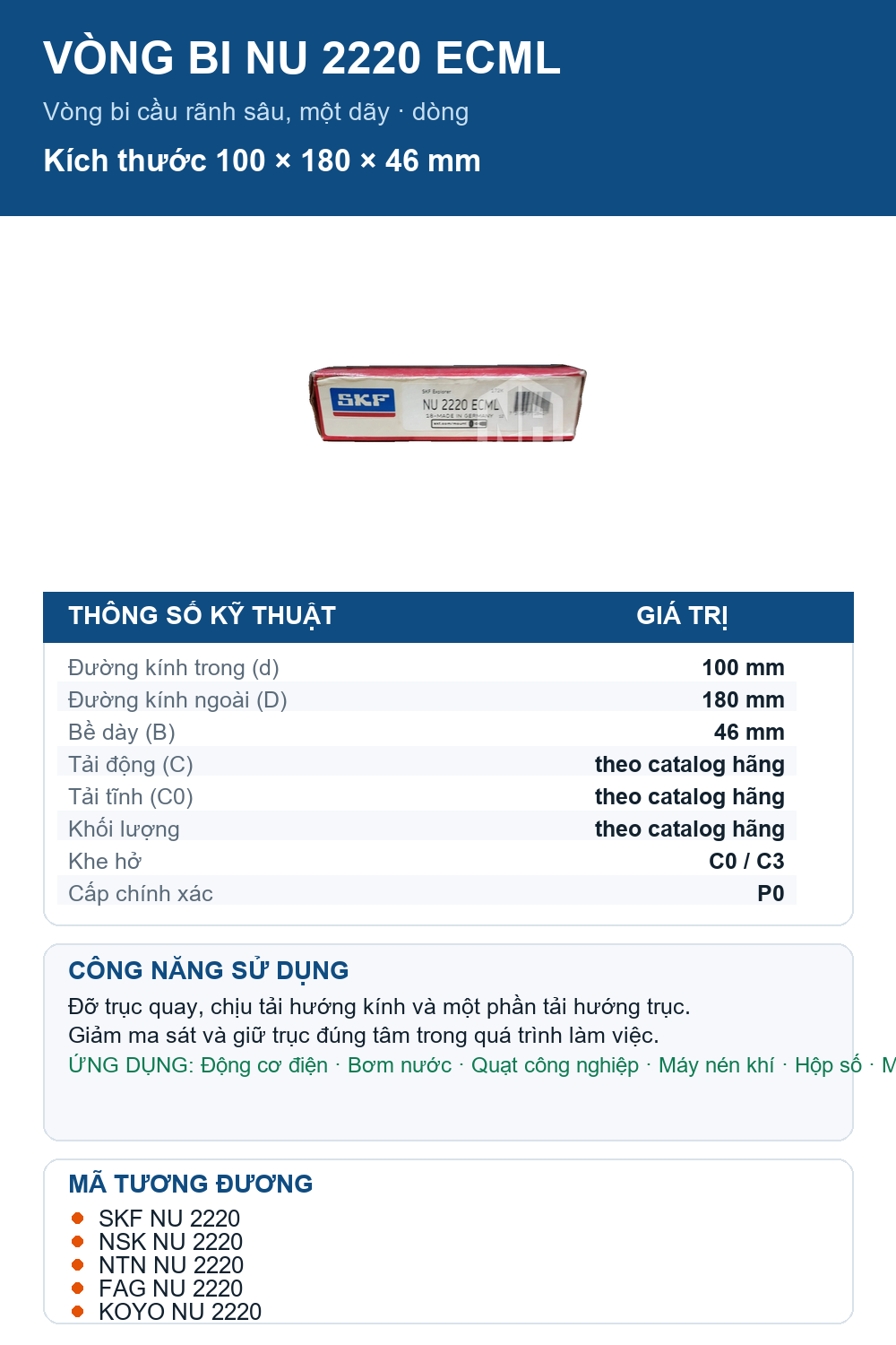 Vòng bi SKF NU 2220 ECML 100x180x46mm — Ảnh thông số (Pinterest)