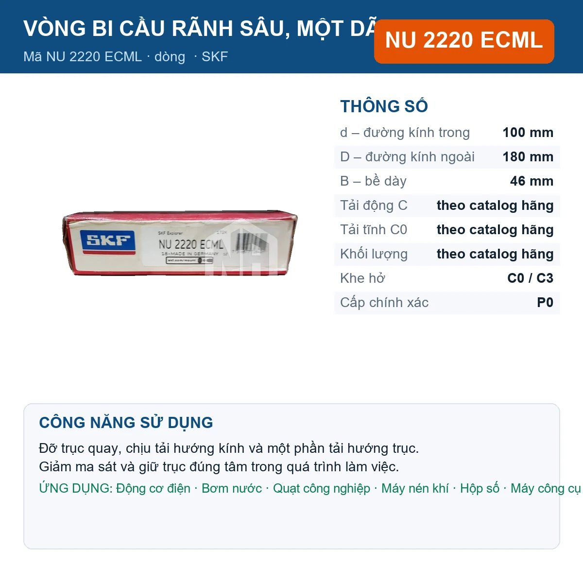 Vòng bi SKF NU 2220 ECML — kích thước 100x180x46mm