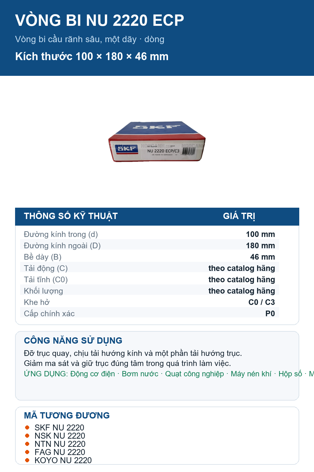Vòng bi SKF NU 2220 ECP 100x180x46mm — Ảnh thông số (Pinterest)