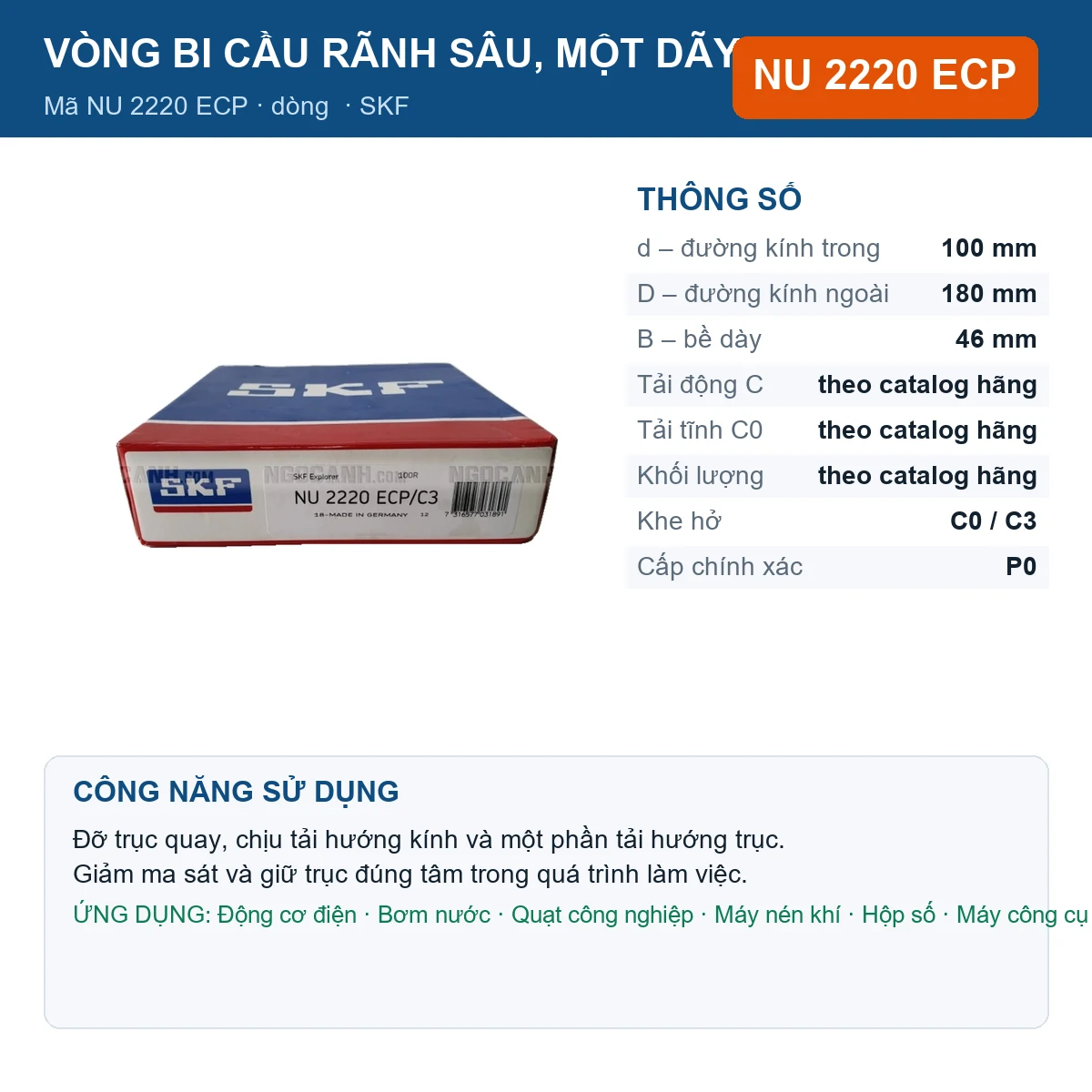 Vòng bi SKF NU 2220 ECP — kích thước 100x180x46mm